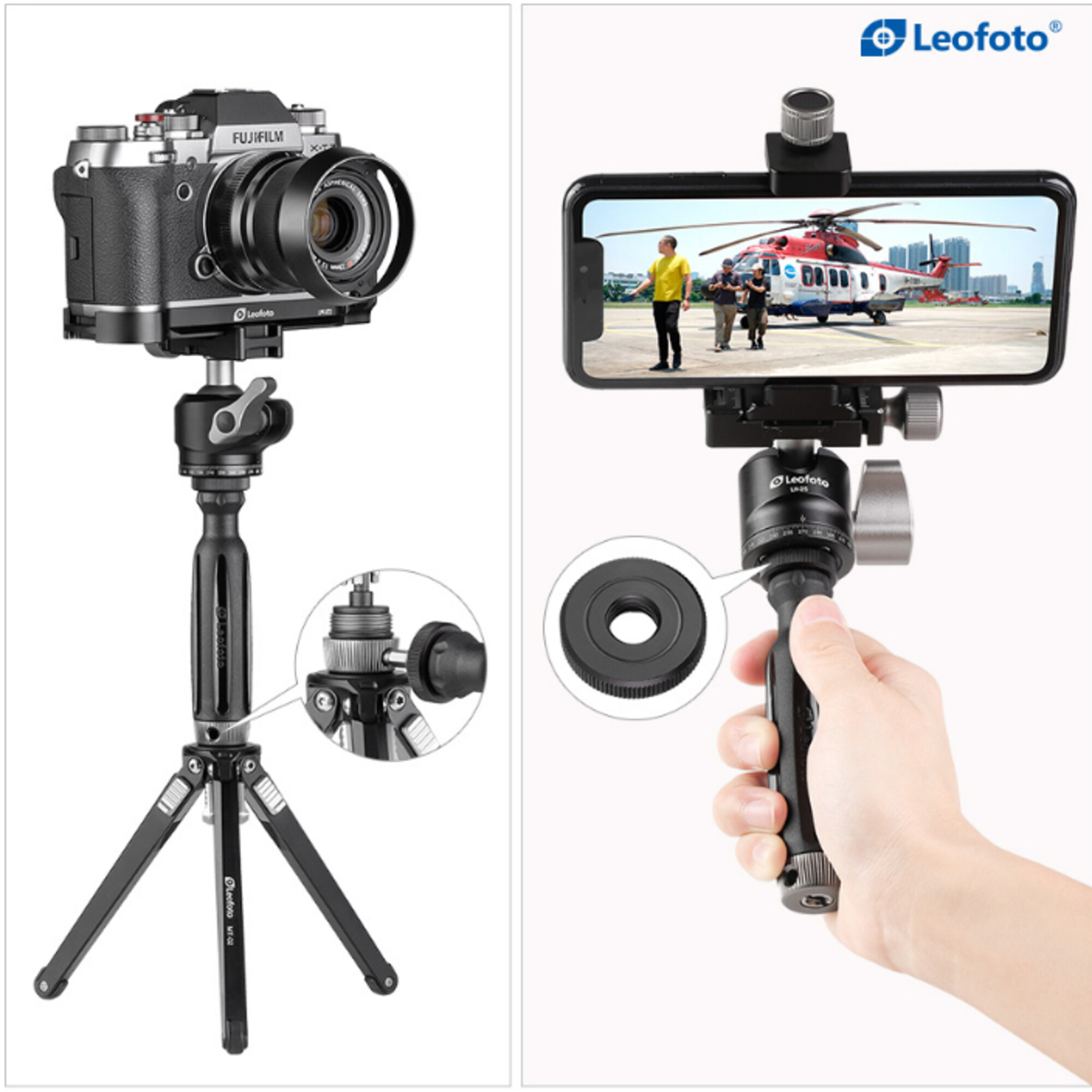 Eine Fujifilm-Kamera auf einem Stativ und ein Smartphone mit Hubschrauberanzeige.