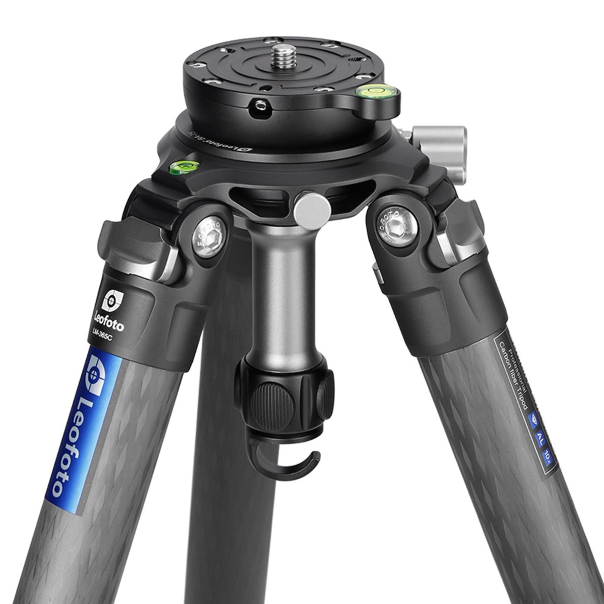 Leofoto Carbon-Stativ mit schwarzen Metallakzenten, mit Wasserwaagen.
