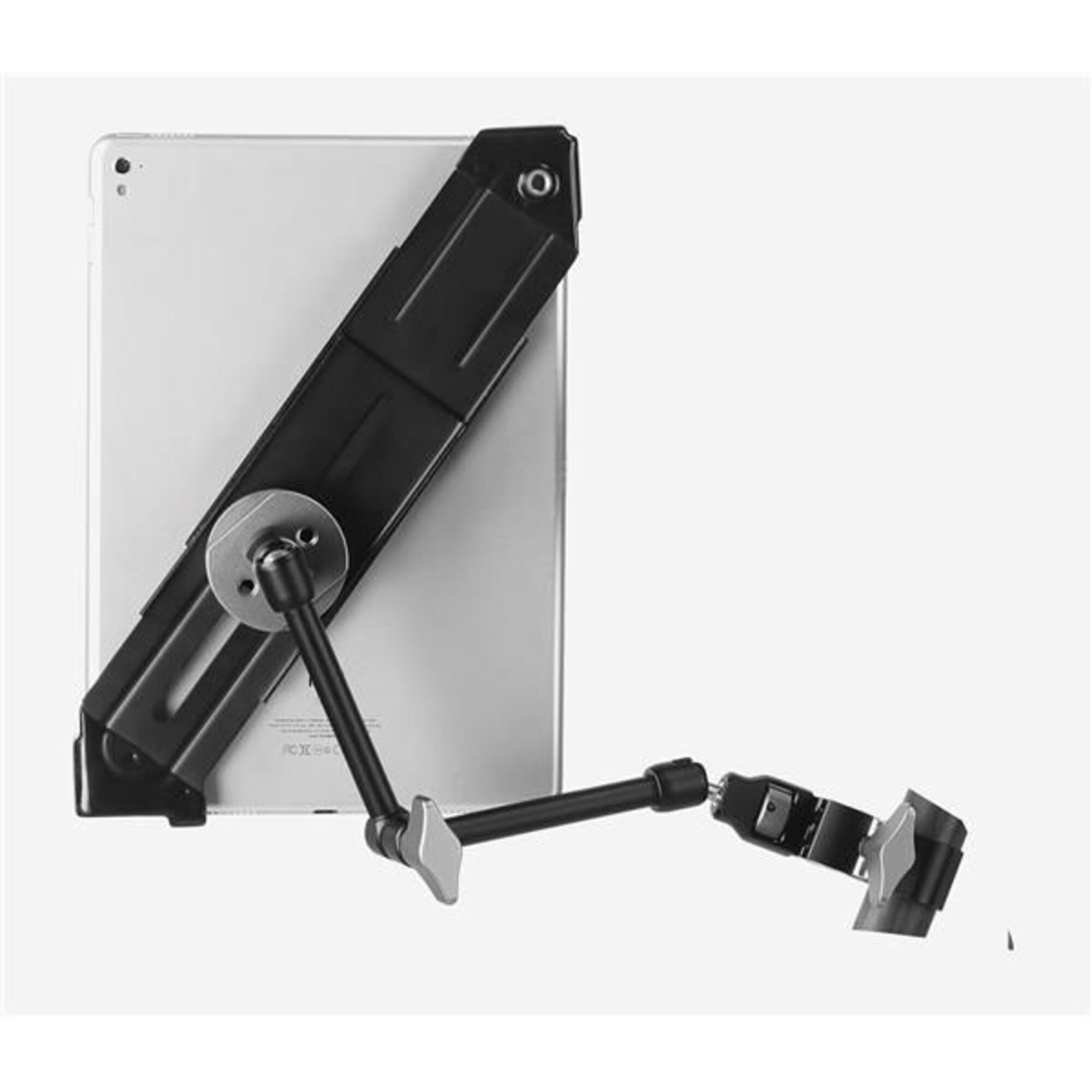 Ein silbernes Tablet wird von einer schwarzen, verstellbaren Halterung mit Gelenkarmen und Klemmen gehalten.