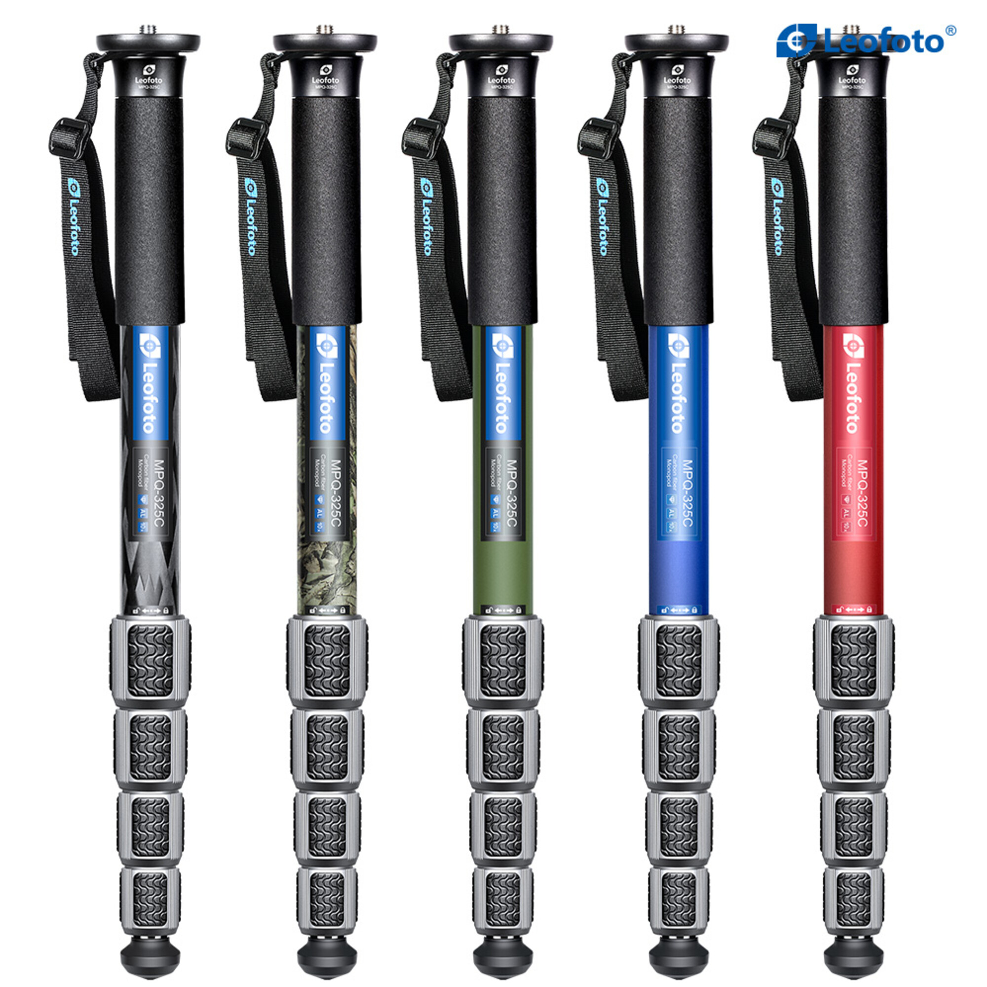 Fünf Leofoto Monopods in Grau, Tarnmuster, Grün, Blau und Rot.
