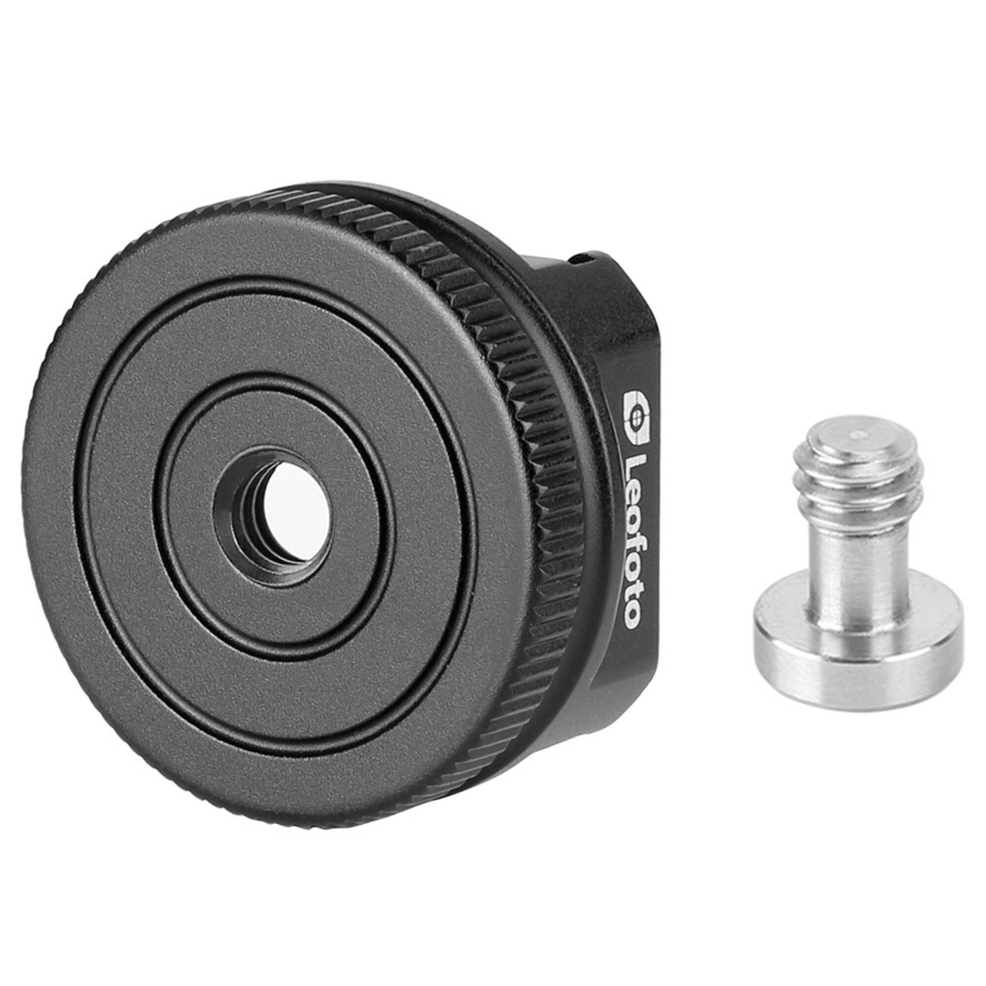 Ein schwarzer Adapter mit Schraube. Logo "Leofoto" auf dem Adapter.