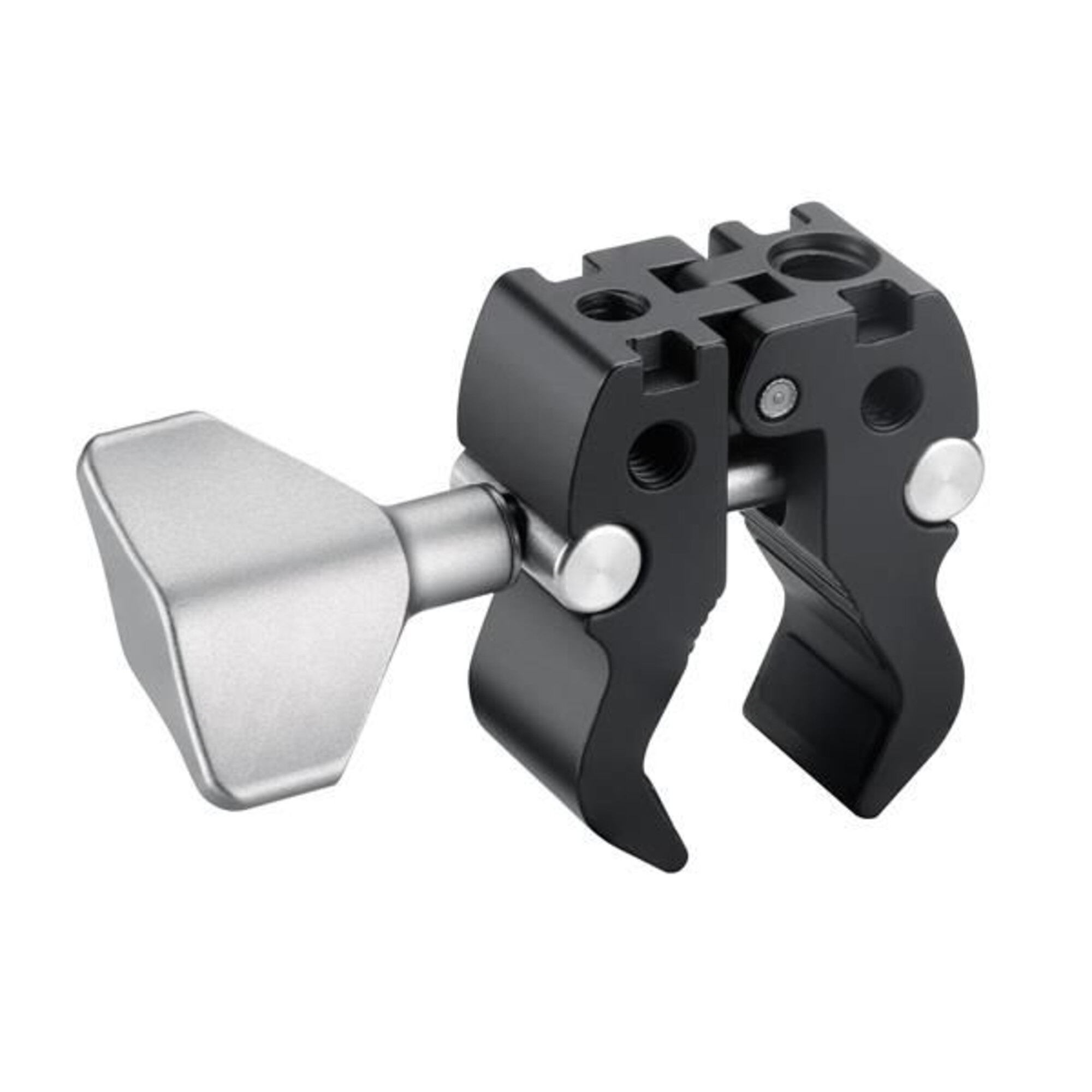 Eine schwarze Metallklemme mit silbernem Knopf ist vor weißem Hintergrund abgebildet.