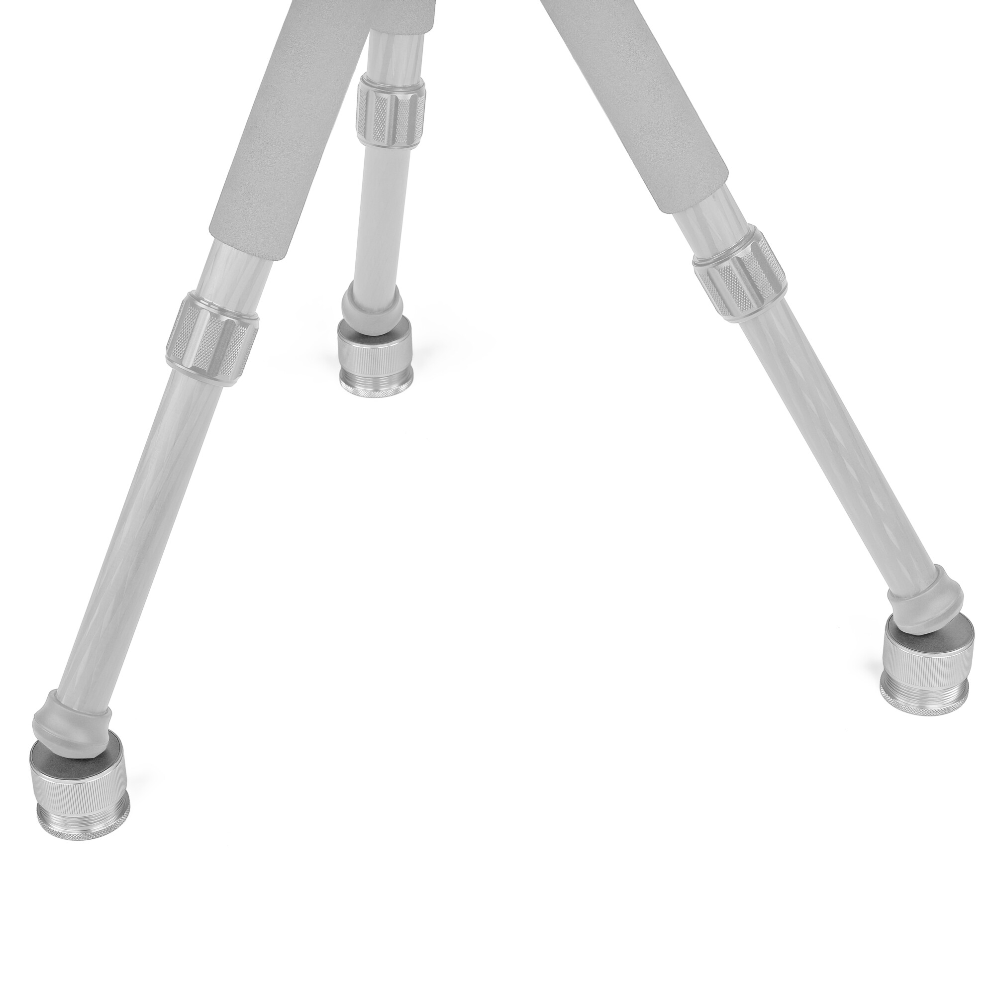 Nahaufnahme eines silbernen Stativs mit Schaumstoffgriffen an den Beinen und texturierten Metallfüßen.