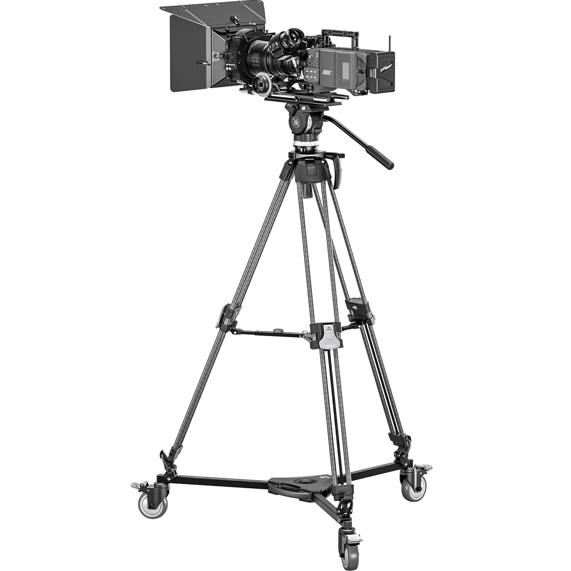 Professionelle Filmkamera auf Stativ mit Rädern und Mattbox.