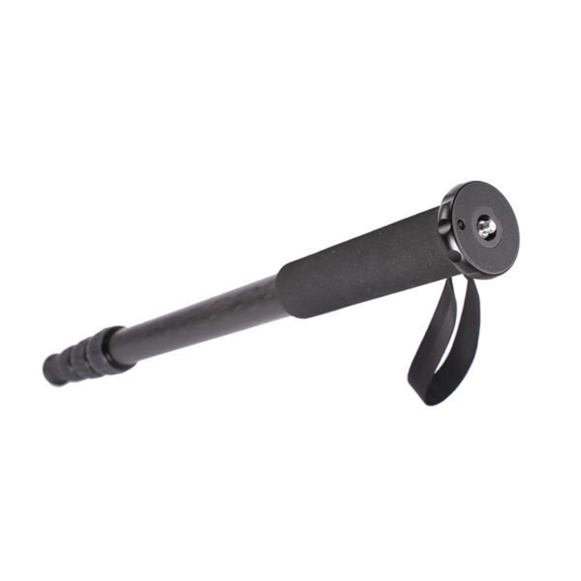 A black camera monopod grip with a strap and threaded top.
