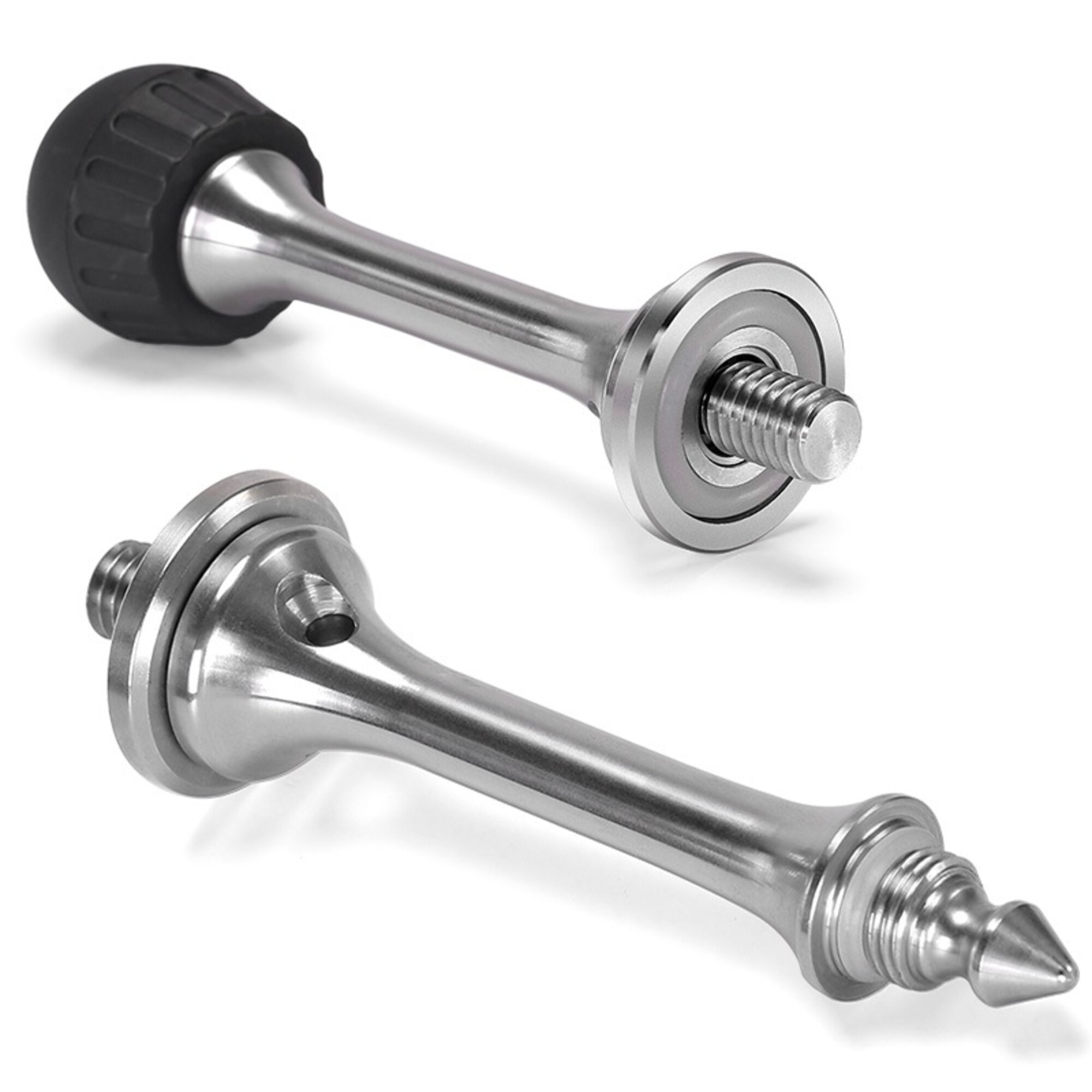Zwei silberne Metallteile mit Gewinde, eines mit schwarzem Gummigriff.