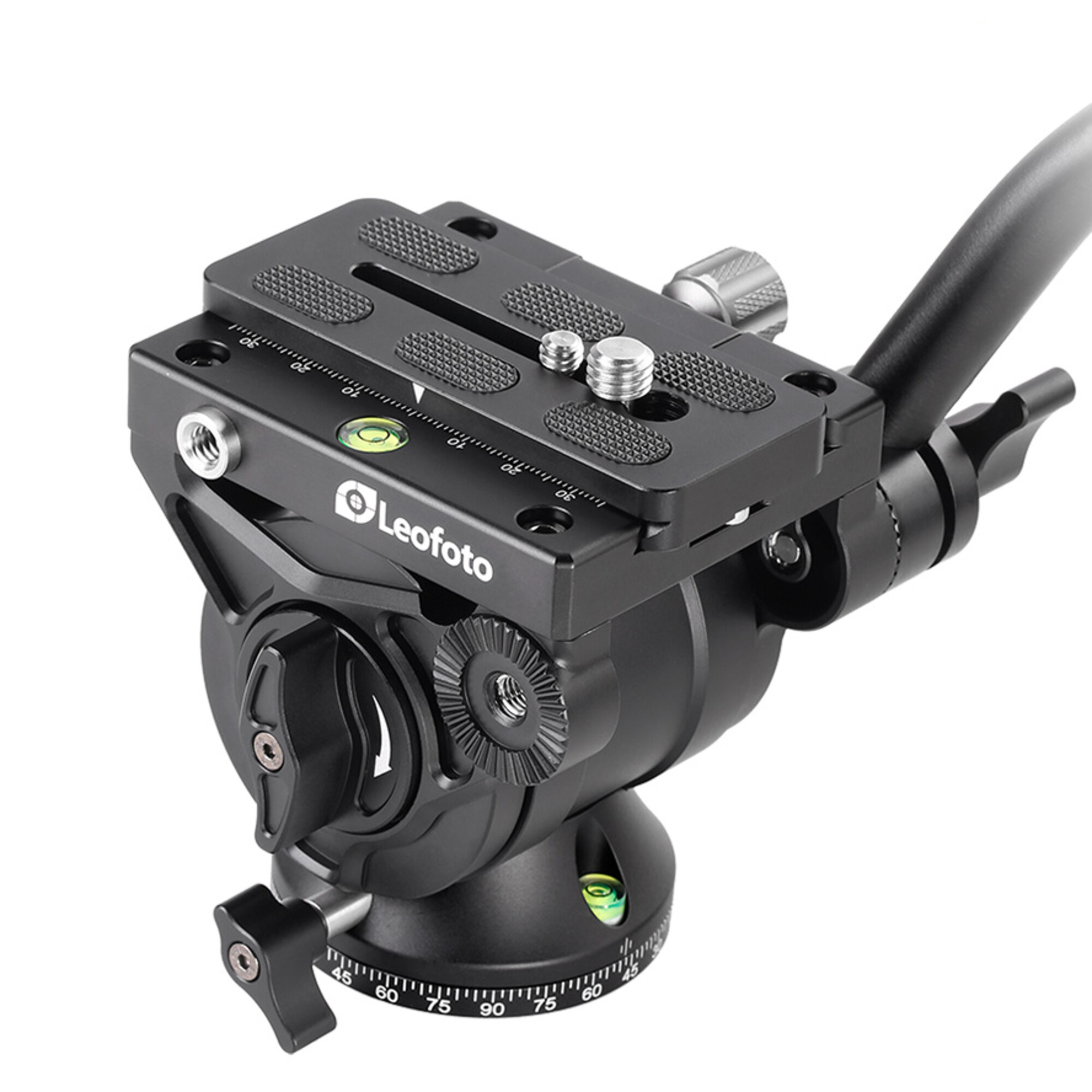 Schwarzer Leofoto Stativkopf mit Schnellwechselplatte und Wasserwaagen.
