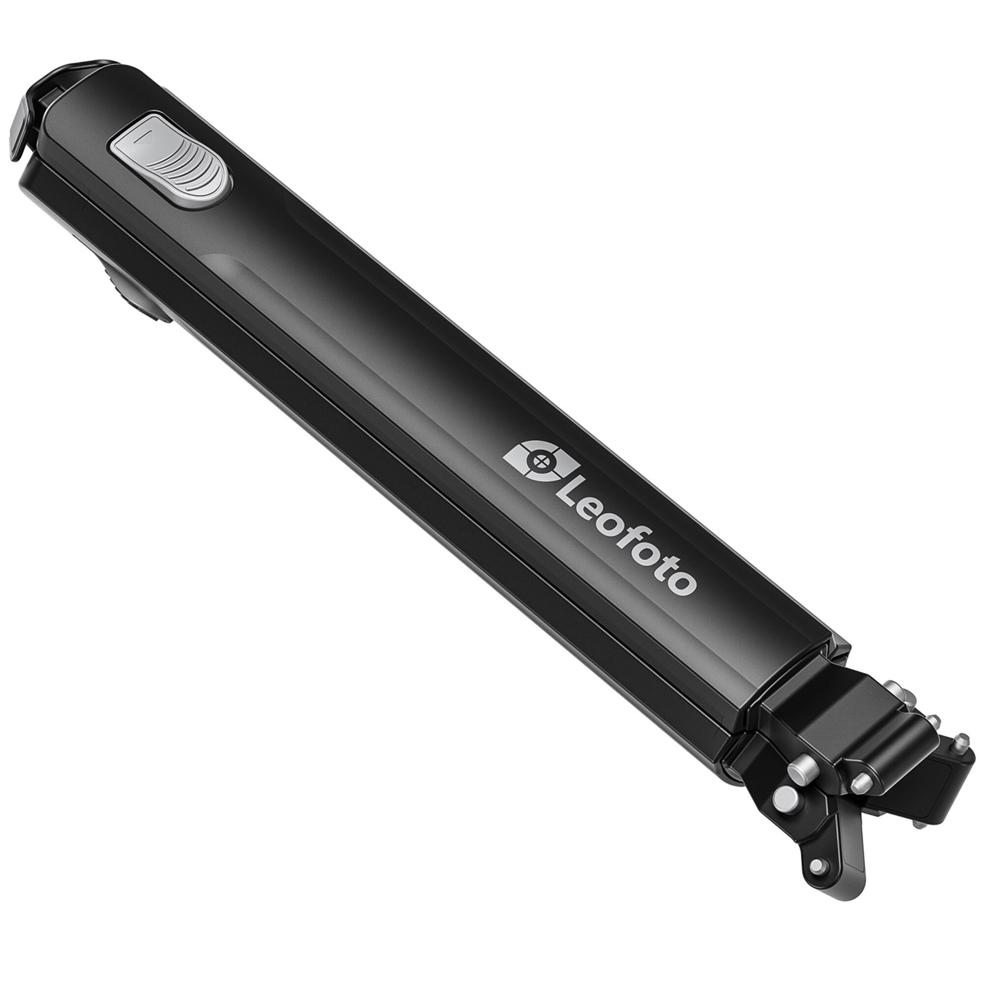 Schwarzer Leofoto Griff mit silbernem Knopf und Gelenk.