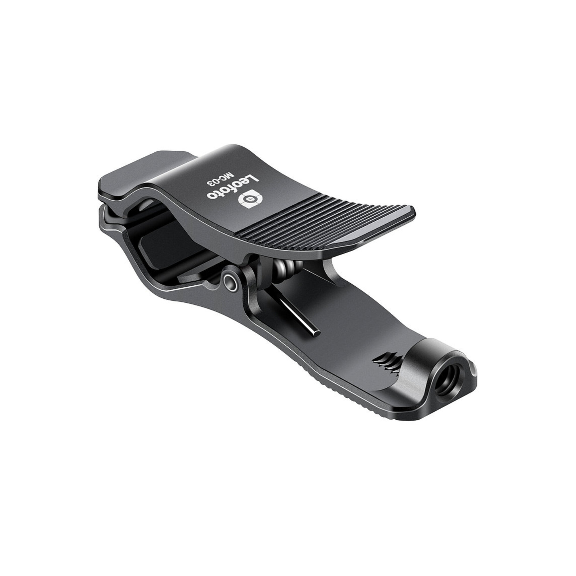 Ein dunkler Metallclip mit geriffelten Griffen und dem Logo "Leofoto MIC-03".