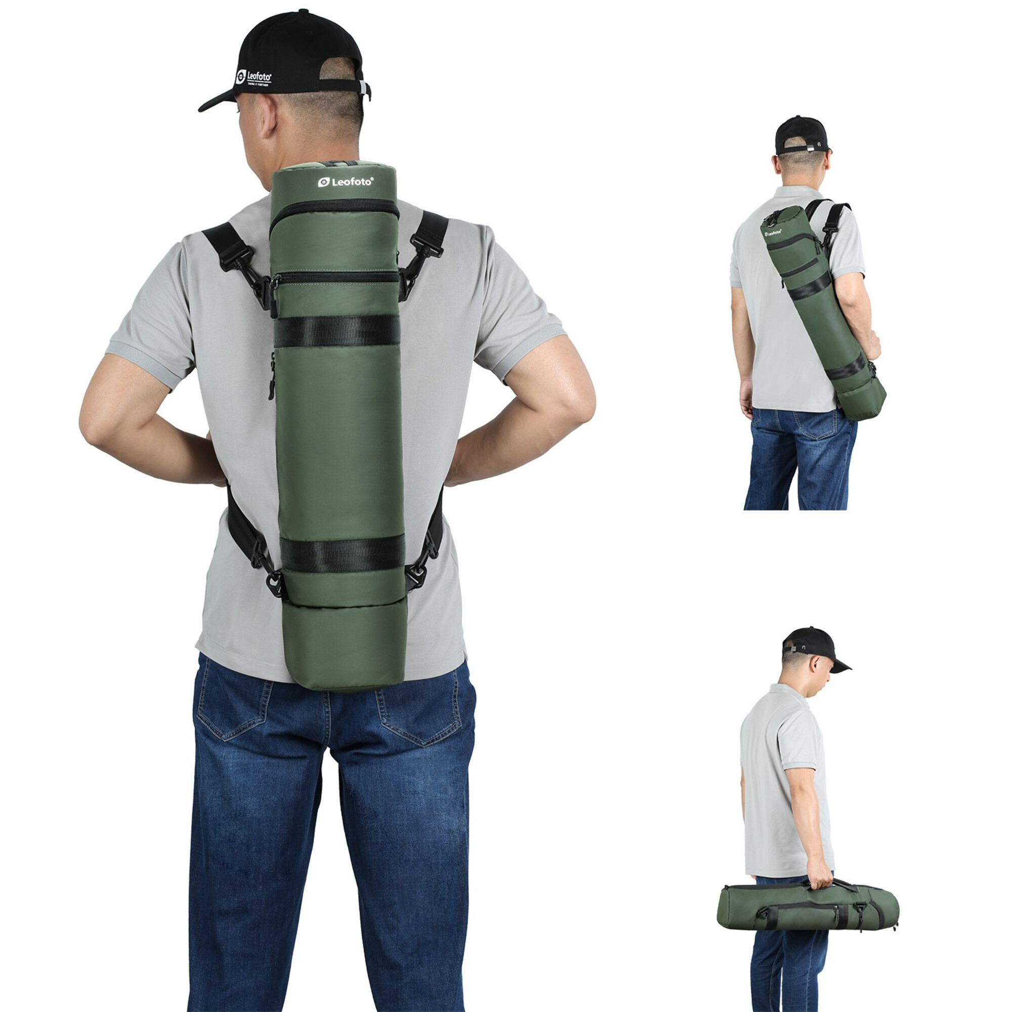 Mann trägt eine grüne Tasche über der Schulter und hält eine andere.