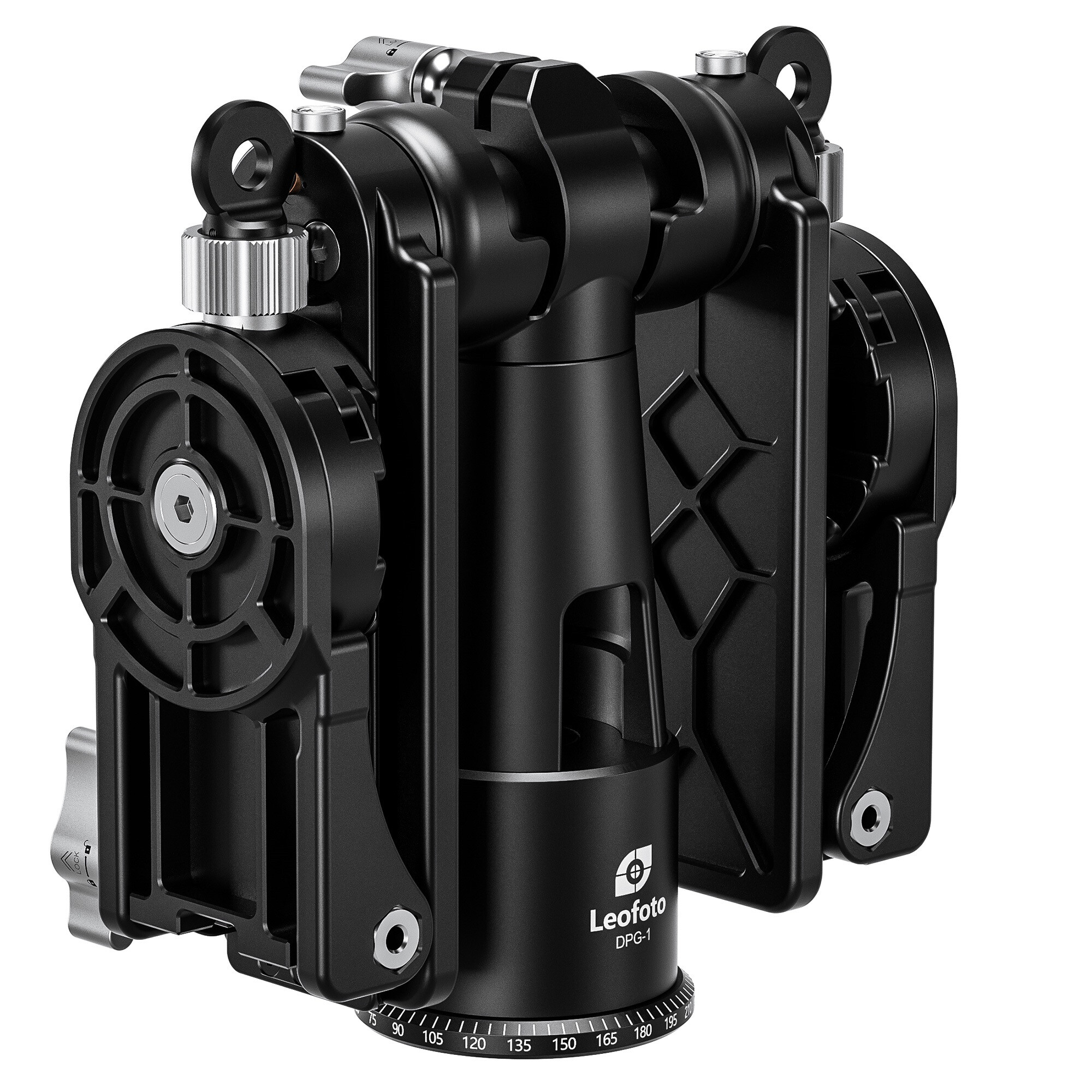 Ein schwarzer Leofoto DPG-1 Gimbal-Stativkopf mit silbernen Einstellknöpfen und Winkelskala.