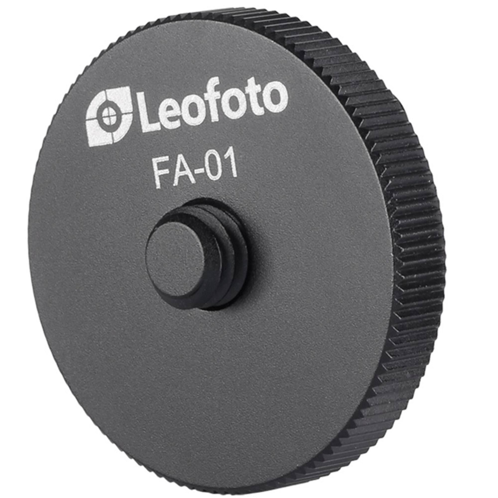Schwarzer Leofoto FA-01 Adapter mit Rändelkante und Schraube.