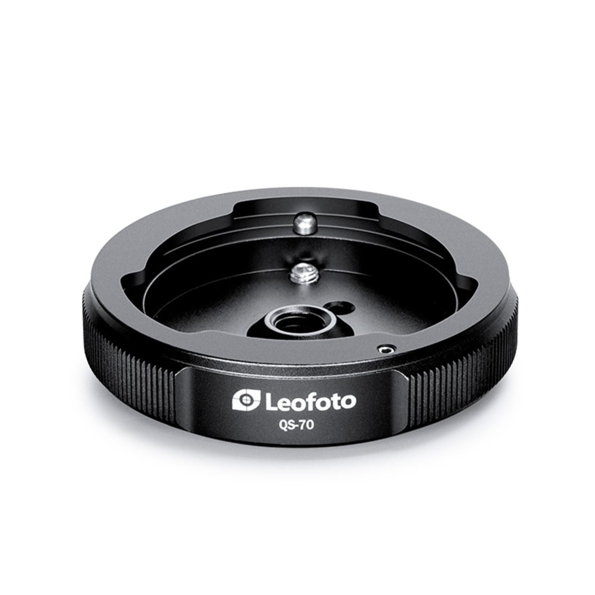 Eine schwarze Leofoto QS-70 Schnellwechselplatte für Kameras mit strukturierter Grifffläche und zentraler Schraubhalterung.