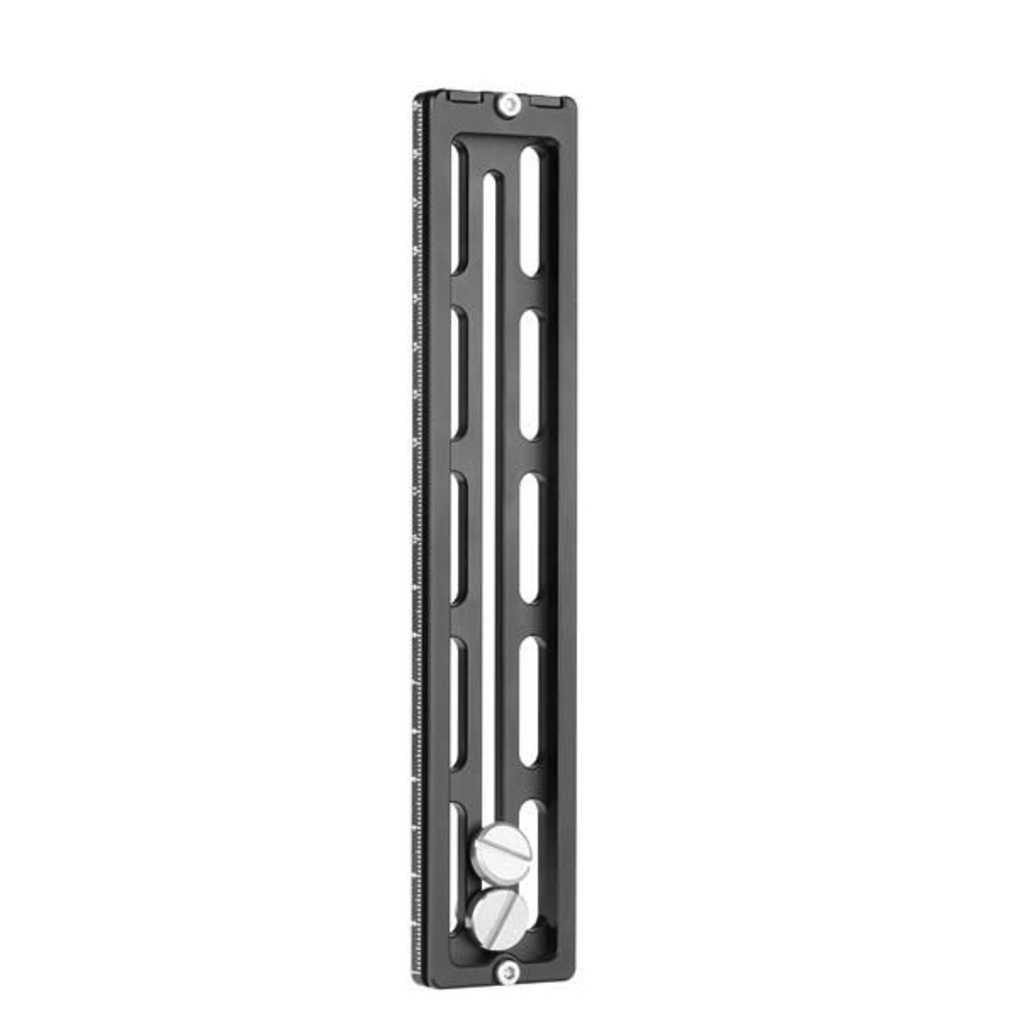 Eine schwarze Metallkamera-Schiene mit zwei Silberschrauben und Markierungen.