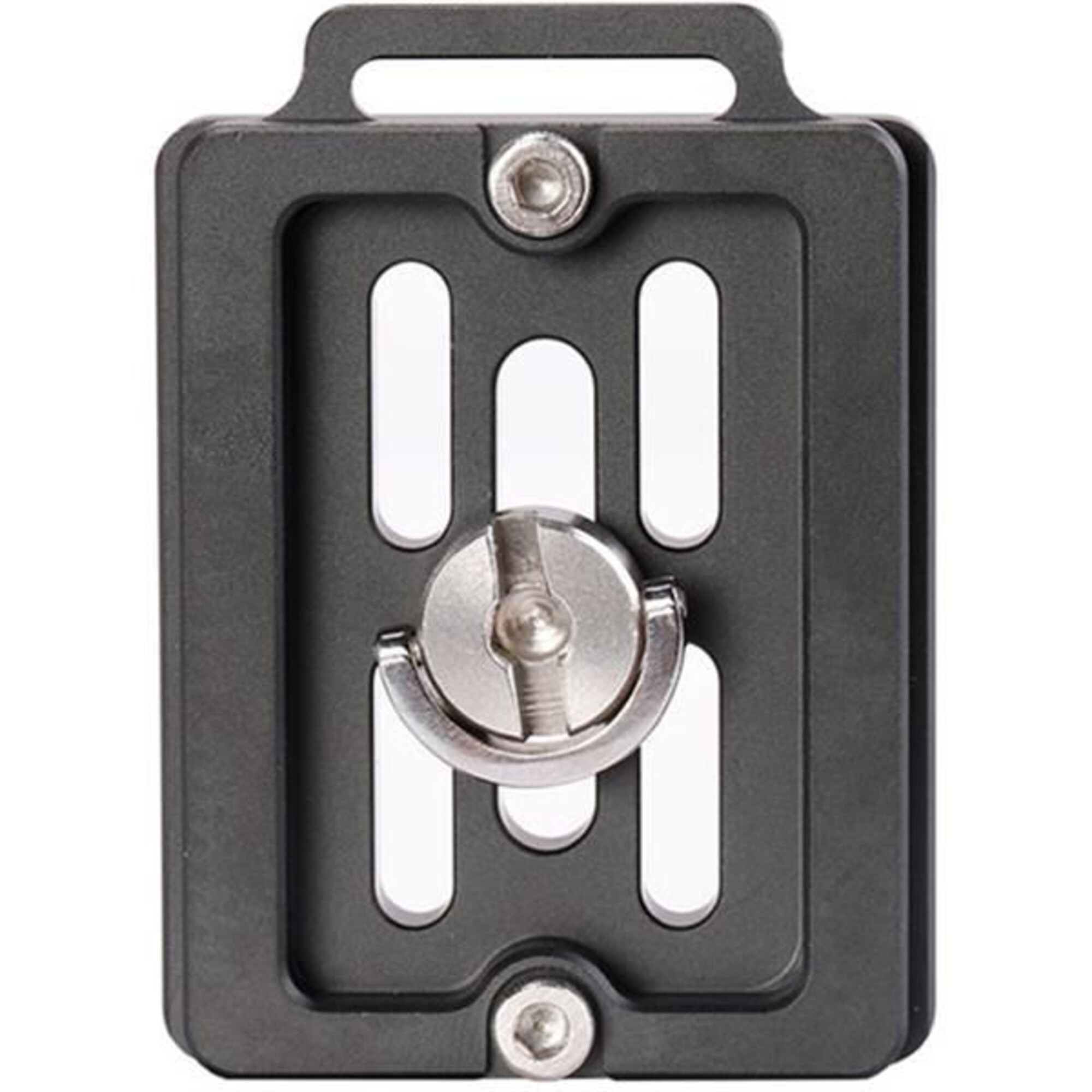 Eine schwarze Metallhalterung mit einer Silberschraube und einem gebogenen Griff.