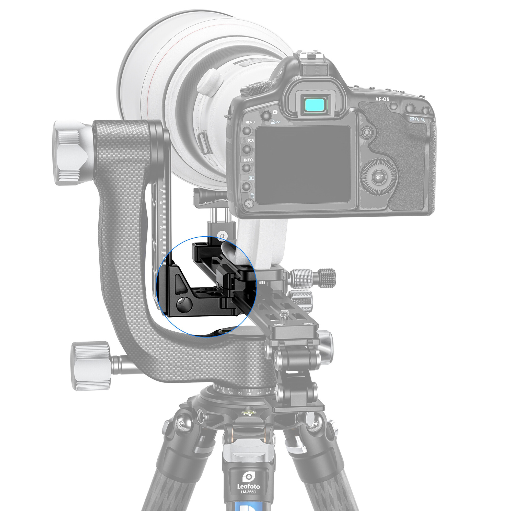 Eine Kamera mit einem großen Objektiv, montiert auf einem Stativ mit Gimbal-Kopf. Nahaufnahme.