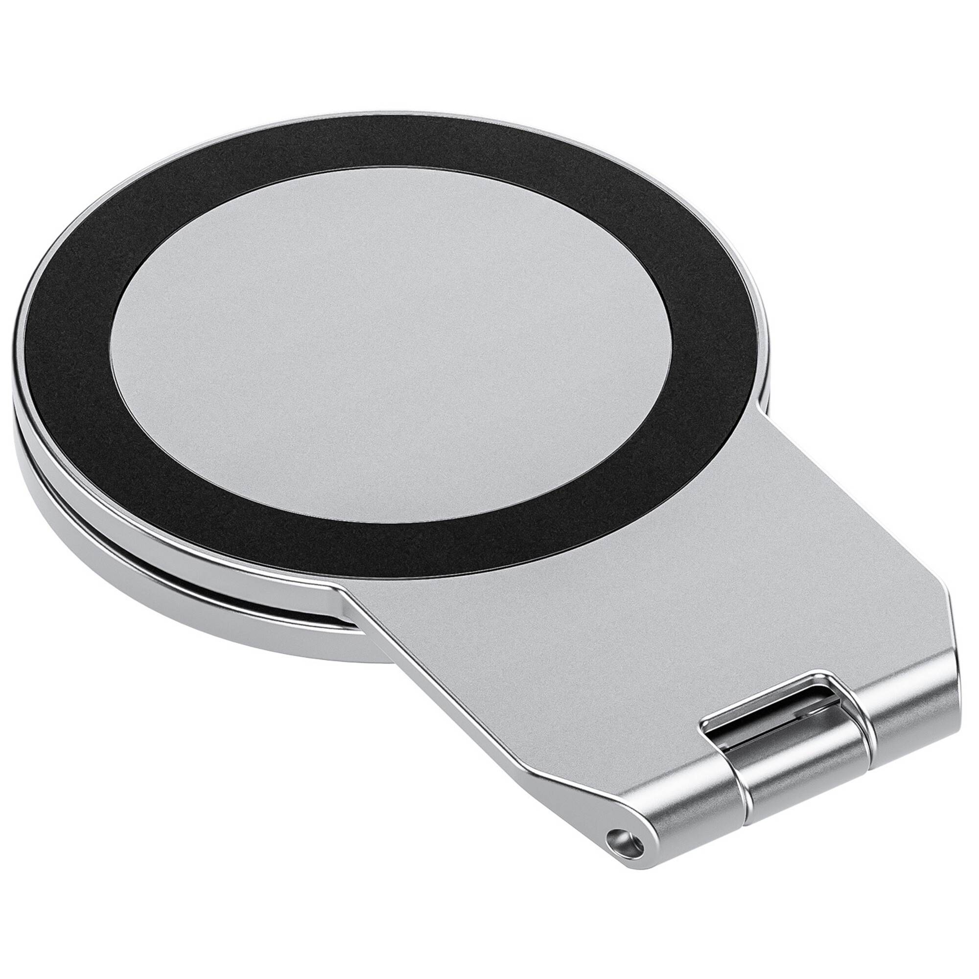 Ein silberner Handyhalter mit schwarzem Ring und Gelenk.