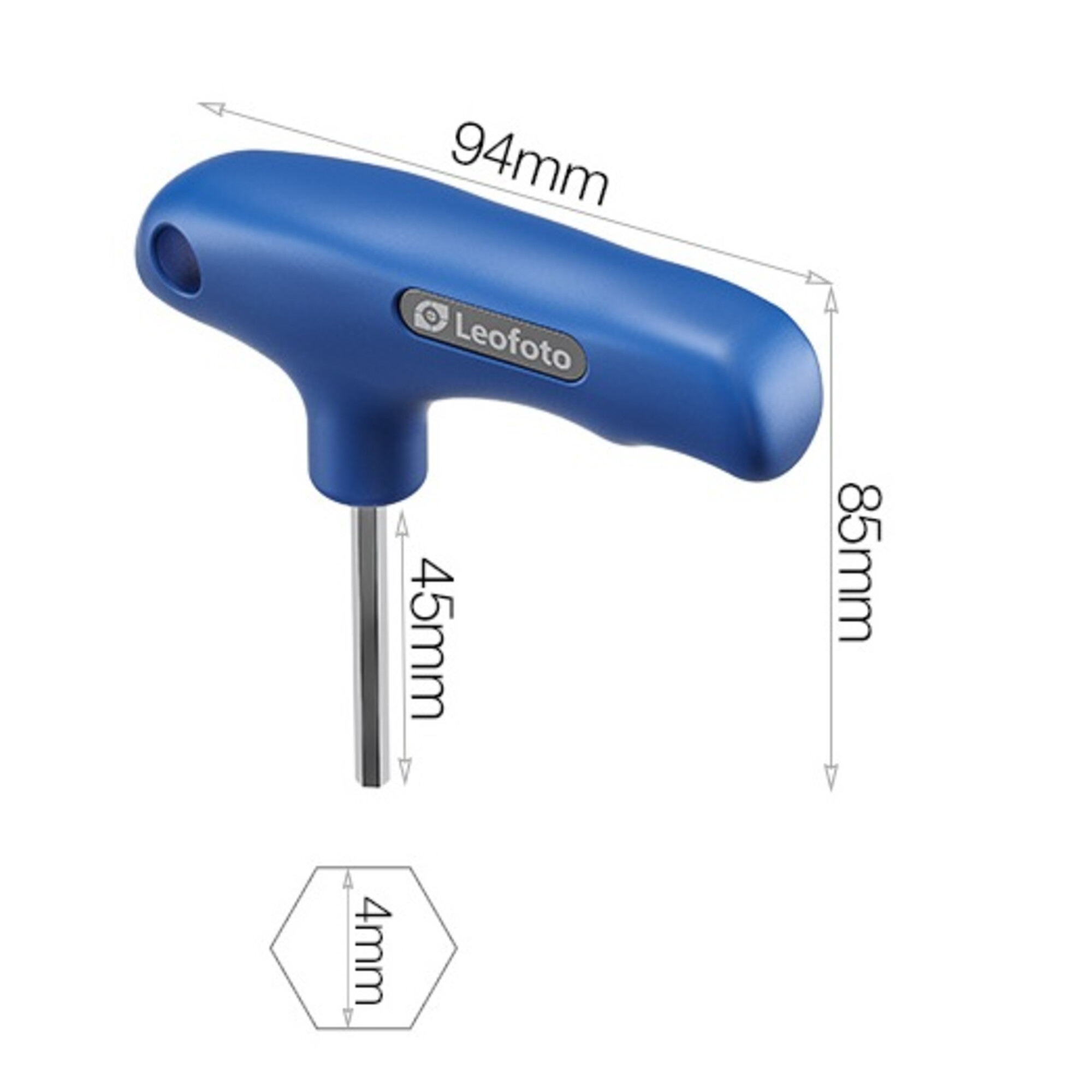 Blauer T-Griff-Inbusschlüssel mit Leofoto-Logo, 94 mm Breite, 85 mm Höhe, 45 mm Schaft.