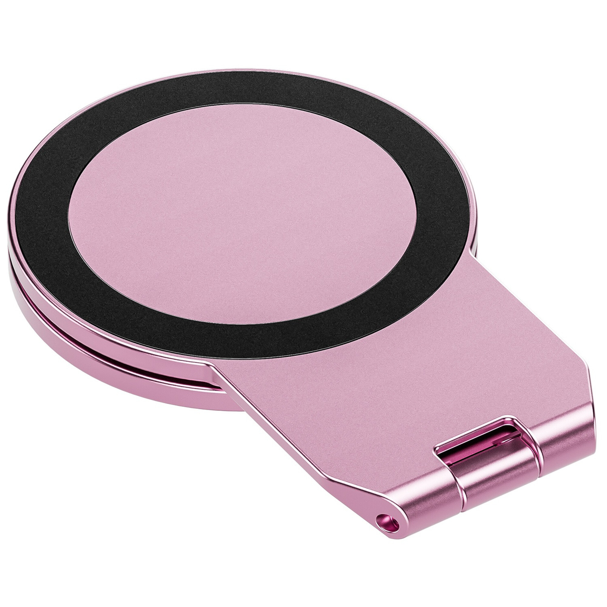 Ein rosafarbener, runder Handyhalter mit schwarzem Rand und Gelenk.