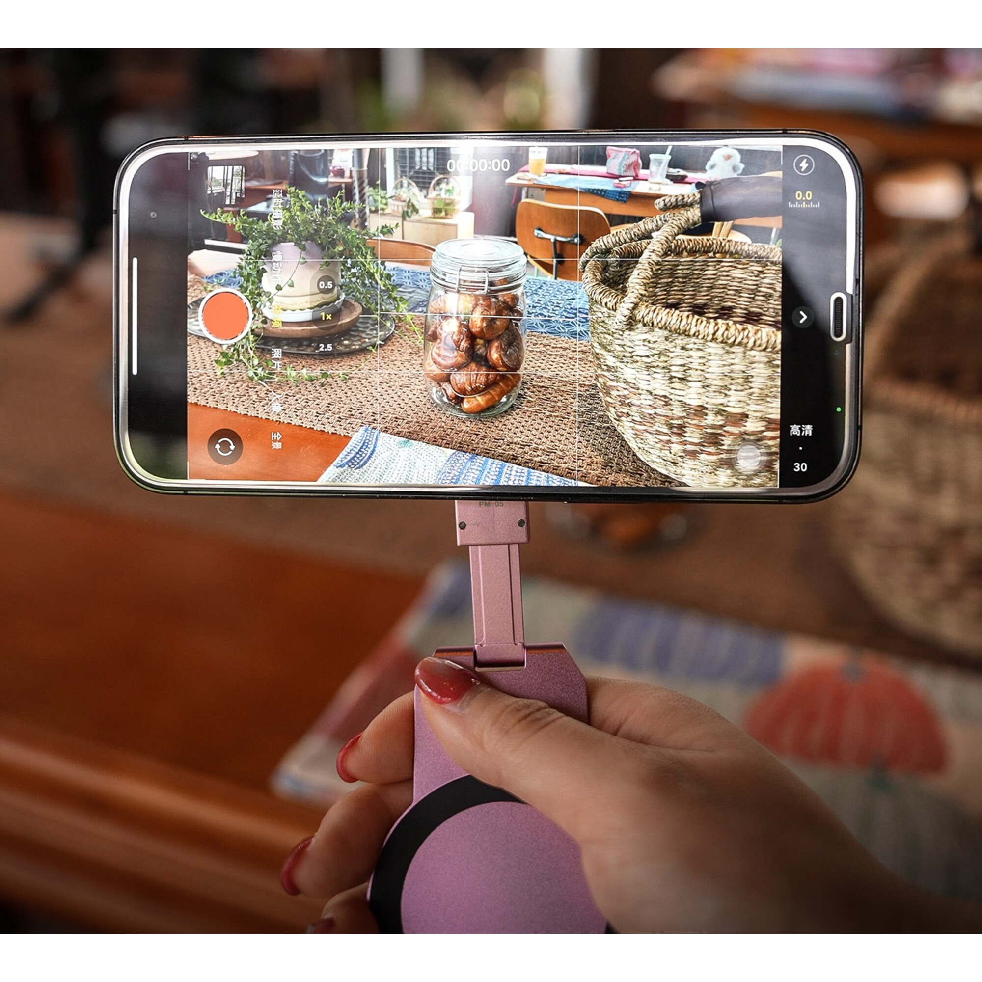 Telefon in der Hand, zeigt Kamera-Oberfläche mit Glas Nüssen, Korb und Pflanze.