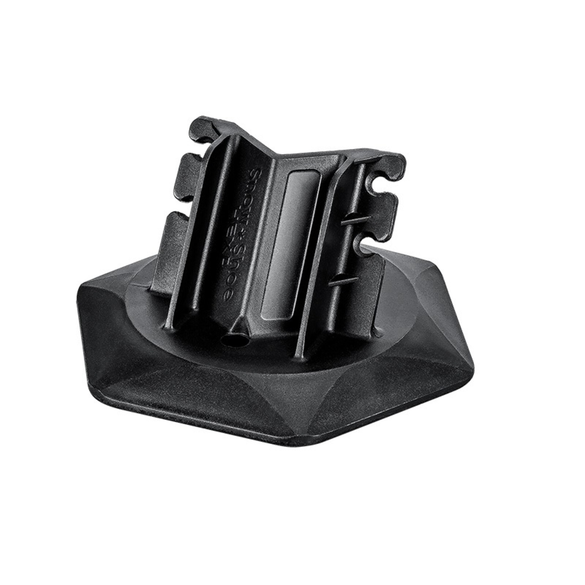 Eine schwarze Kunststoffhalterung mit breiter Basis und abgeschrägten Clips. Text: 'power shoe'.