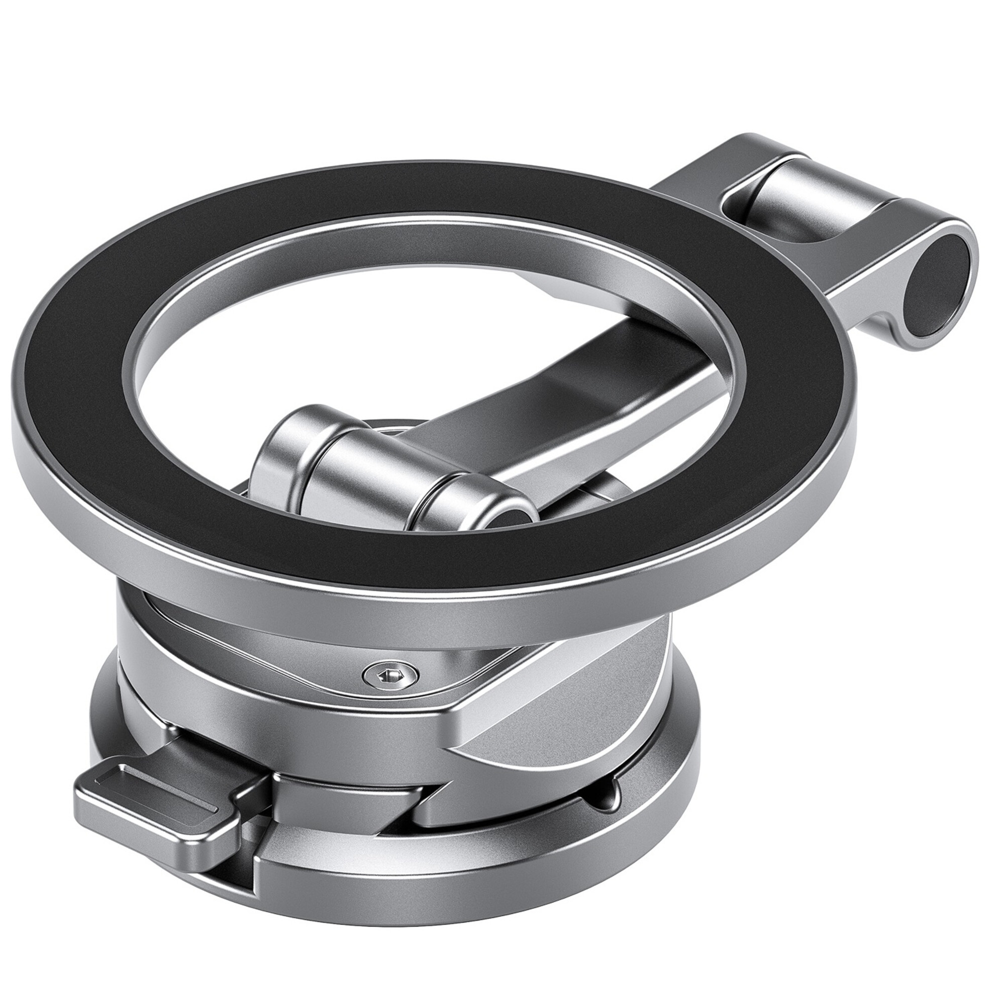 Ein silberner Schwenkarm mit schwarzem Ring und Verriegelungshebel.
