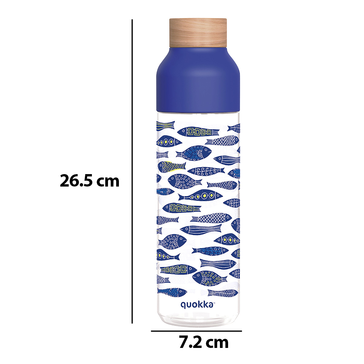 Una bottiglia alta e trasparente con coperchio blu e motivo di pesci blu. Dimensioni indicate: altezza 26,5 cm, larghezza 7,2 cm.