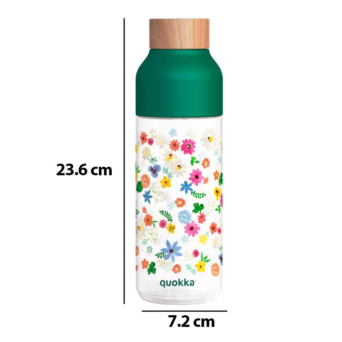Una bottiglia alta e trasparente con motivo floreale e coperchio verde. H 23,6cm, L 7,2cm.