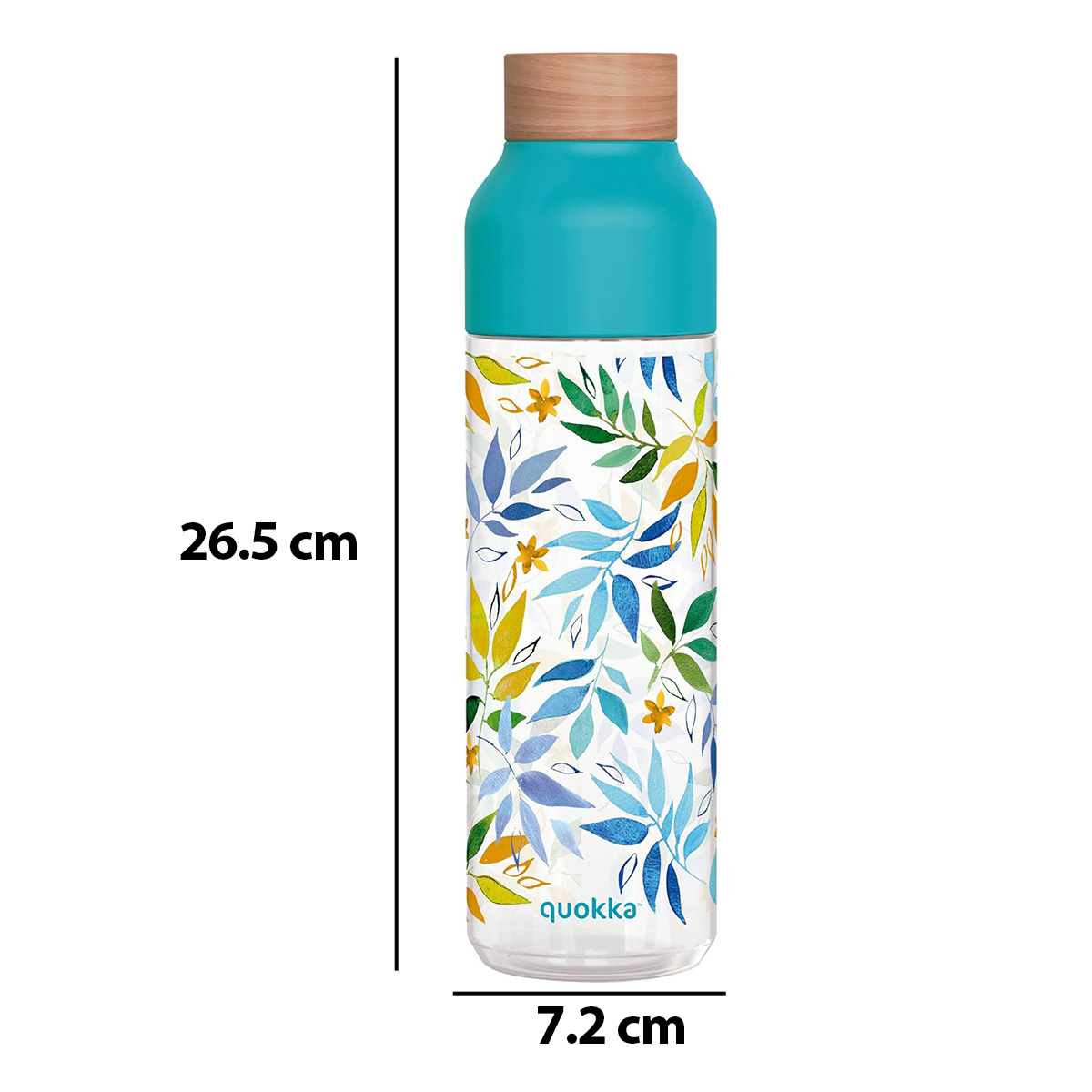 Una bottiglia con coperchio blu e tappo in legno, decorata con foglie colorate.