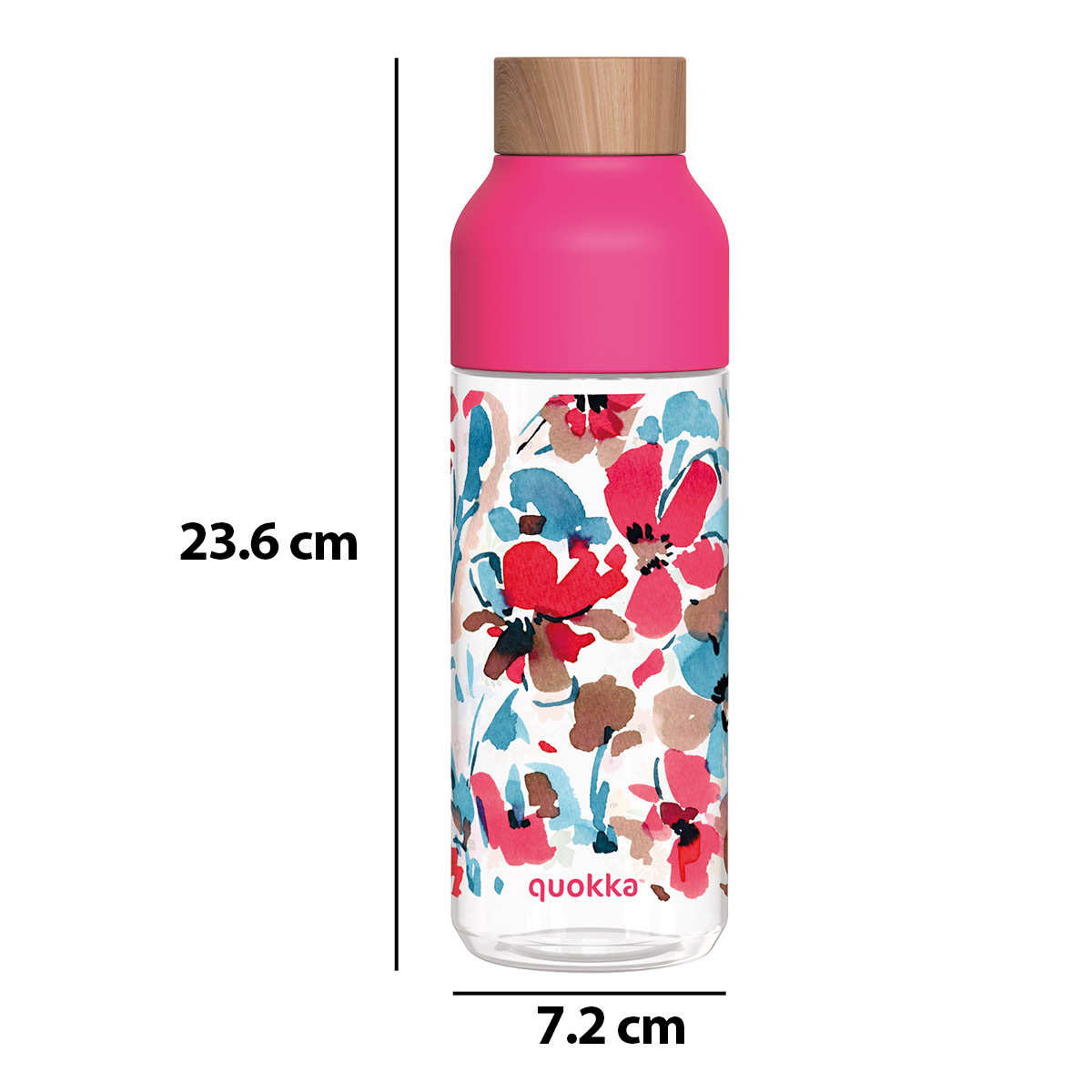 Una bottiglia di vetro con fantasia floreale, tappo rosa e coperchio in legno.