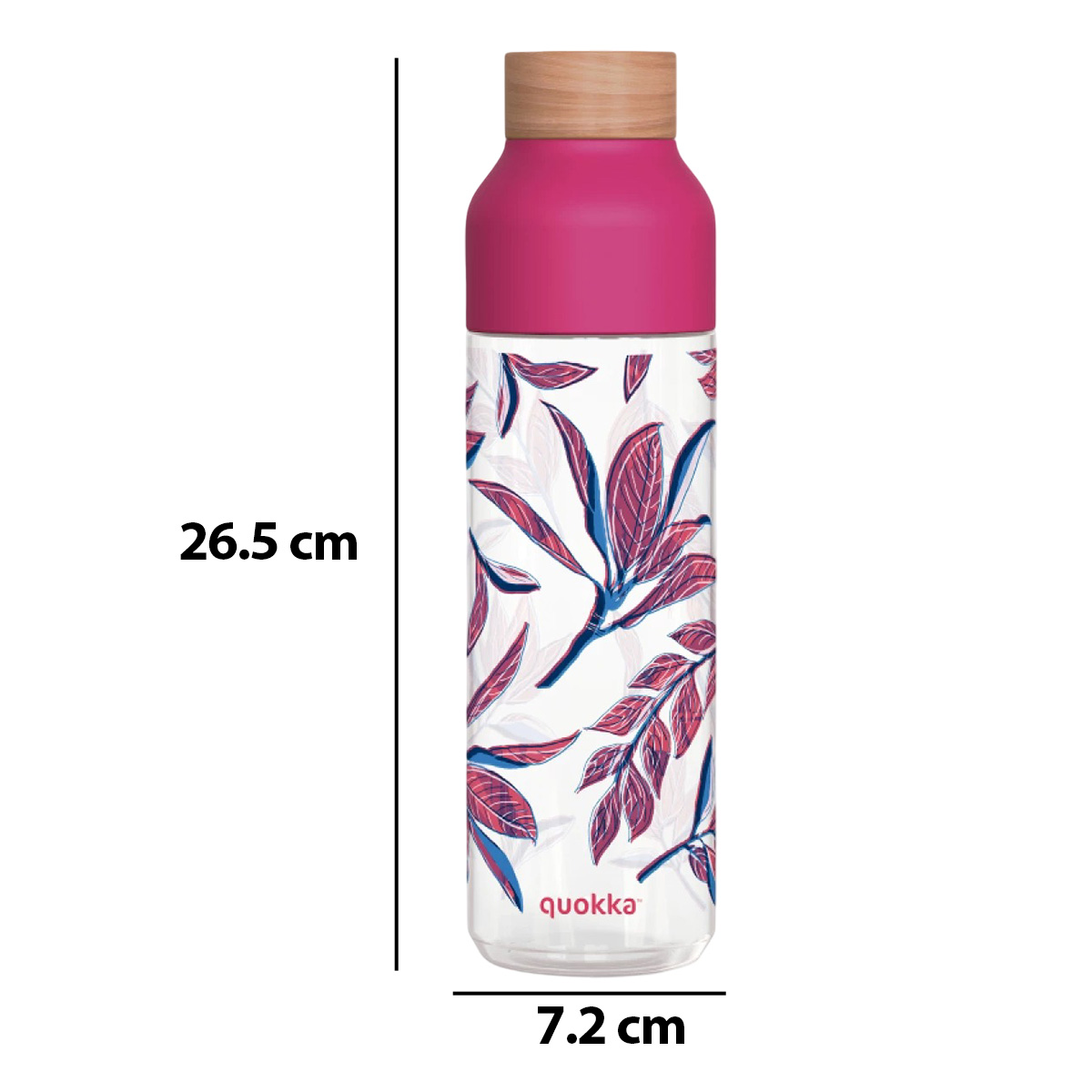 Bottiglia trasparente con tappo rosa e accento in legno, con motivo a foglie blu e rosa.