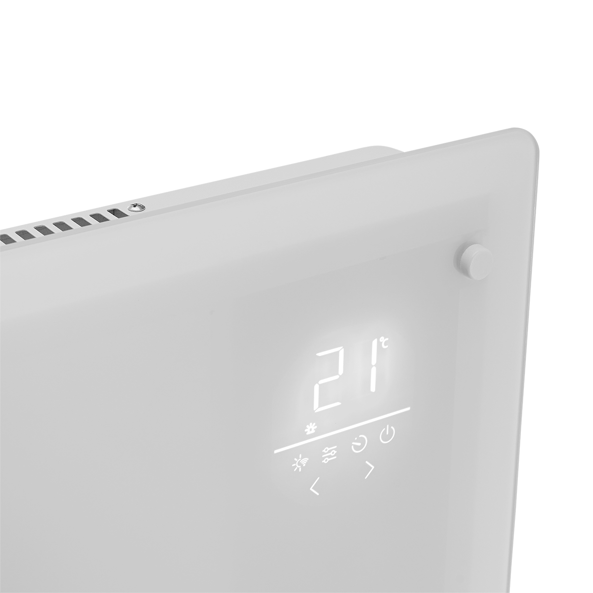 Il display bianco del riscaldatore mostra 21 gradi Celsius con icone per ventola, fiocco di neve e accensione.