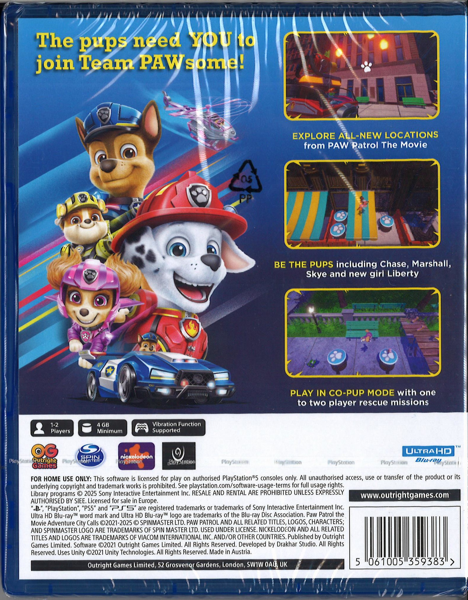 Okładka gry PAW Patrol z Chase'em, Marshallem, Skye i Liberty w pojazdach.