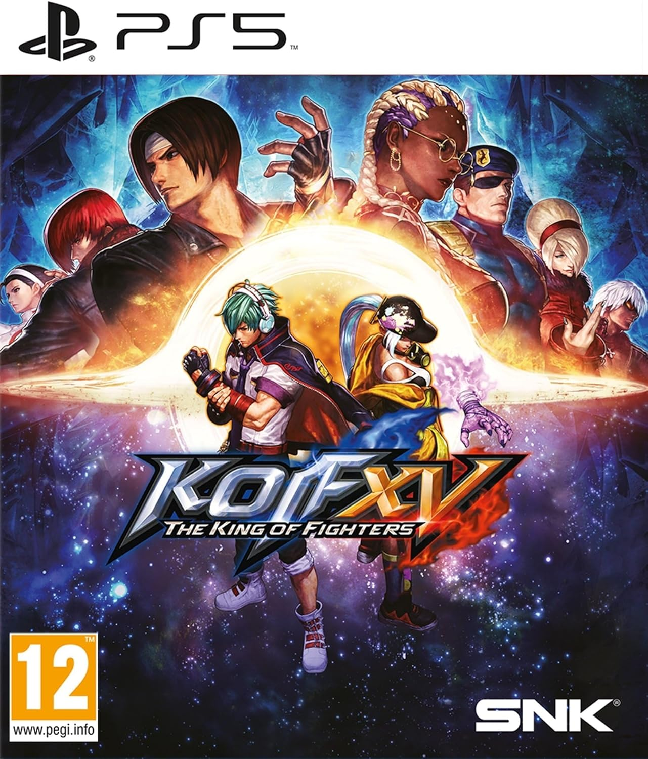 Okładka gry King of Fighters XV z wieloma postaciami i logo PS5.
