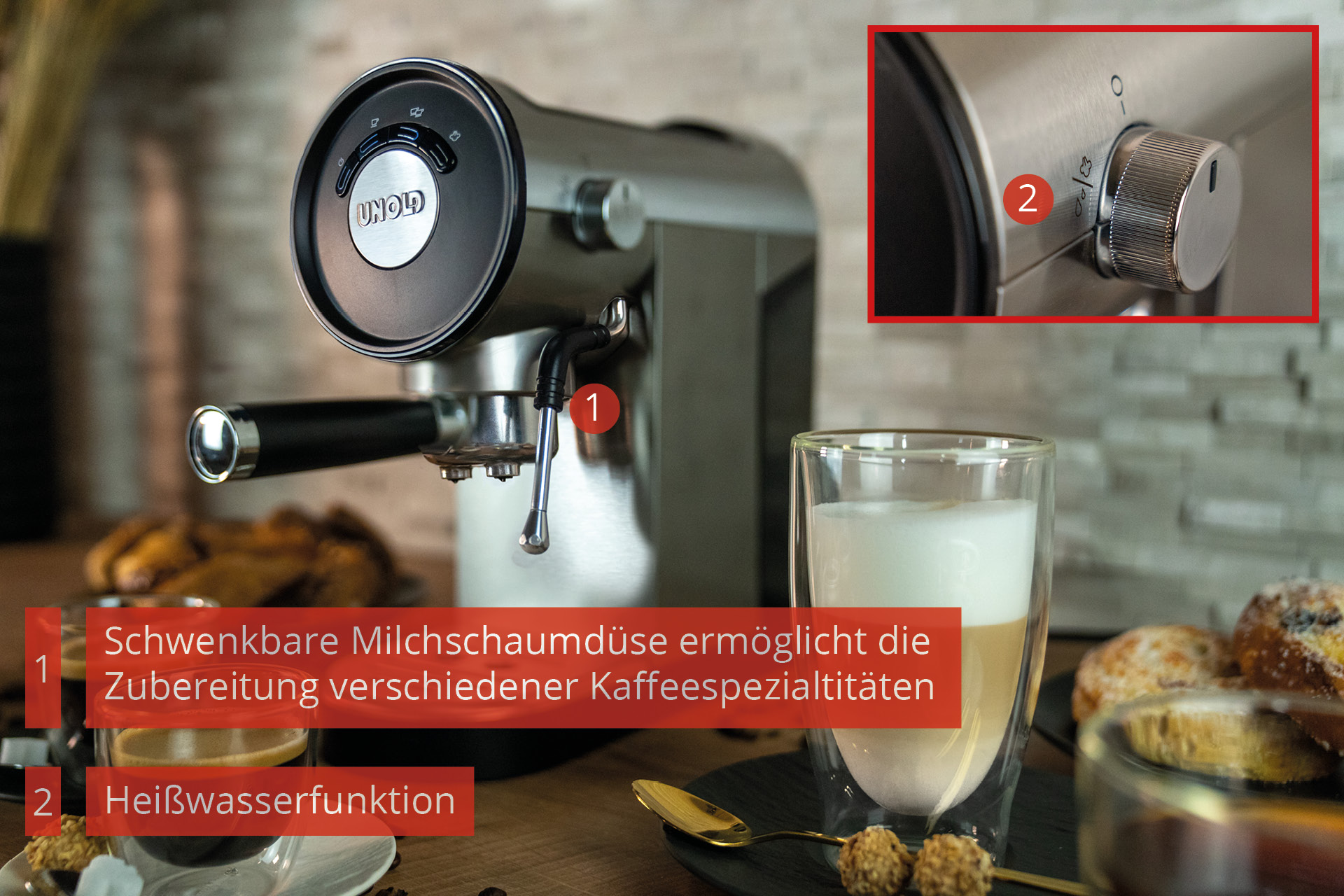 Ekspres do kawy z spieniaczem do mleka, szklanka latte i ciastka. Tekst podkreśla funkcje.