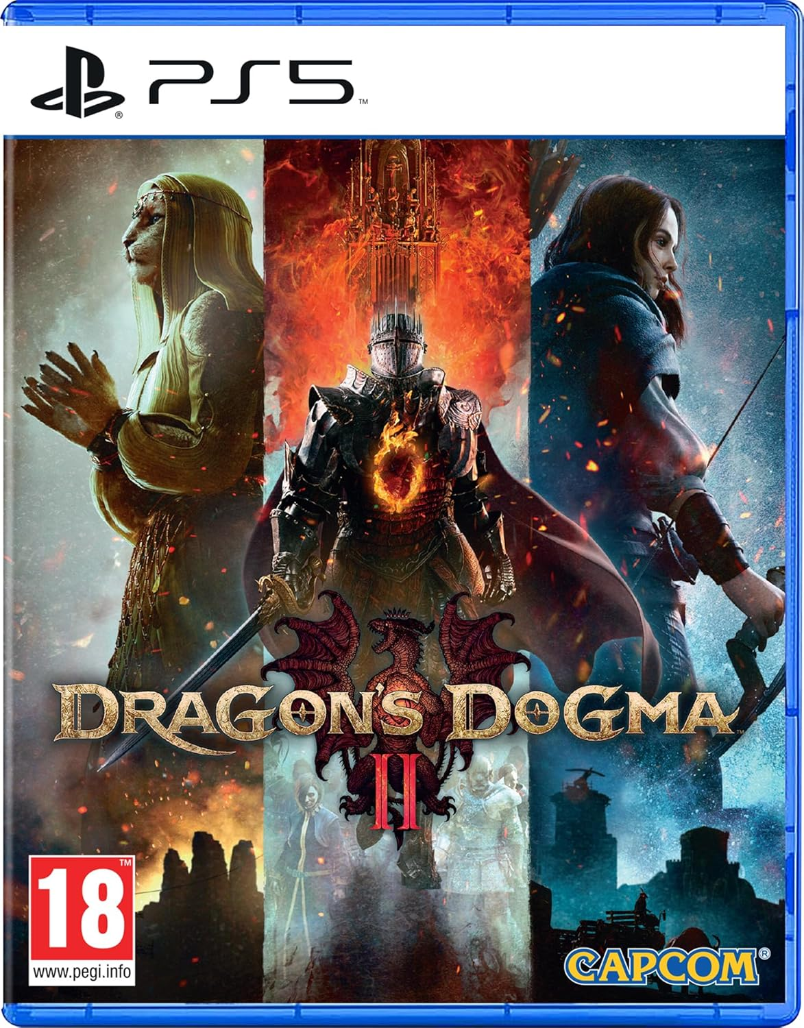 Okładka Dragon's Dogma II PS5: Rycerz, smok, wojownik i postać z głową lwa.