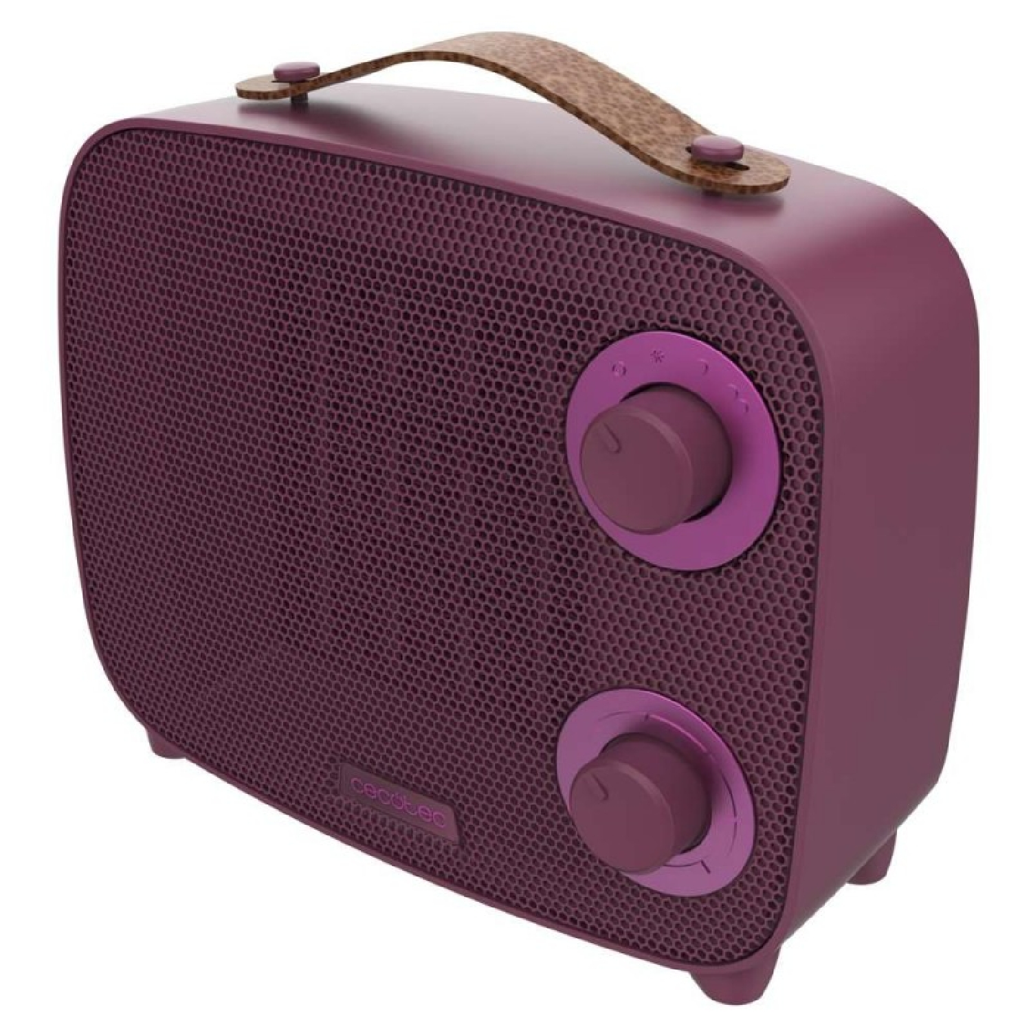 Un altavoz morado con asa y dos botones. Tiene un patrón de malla.