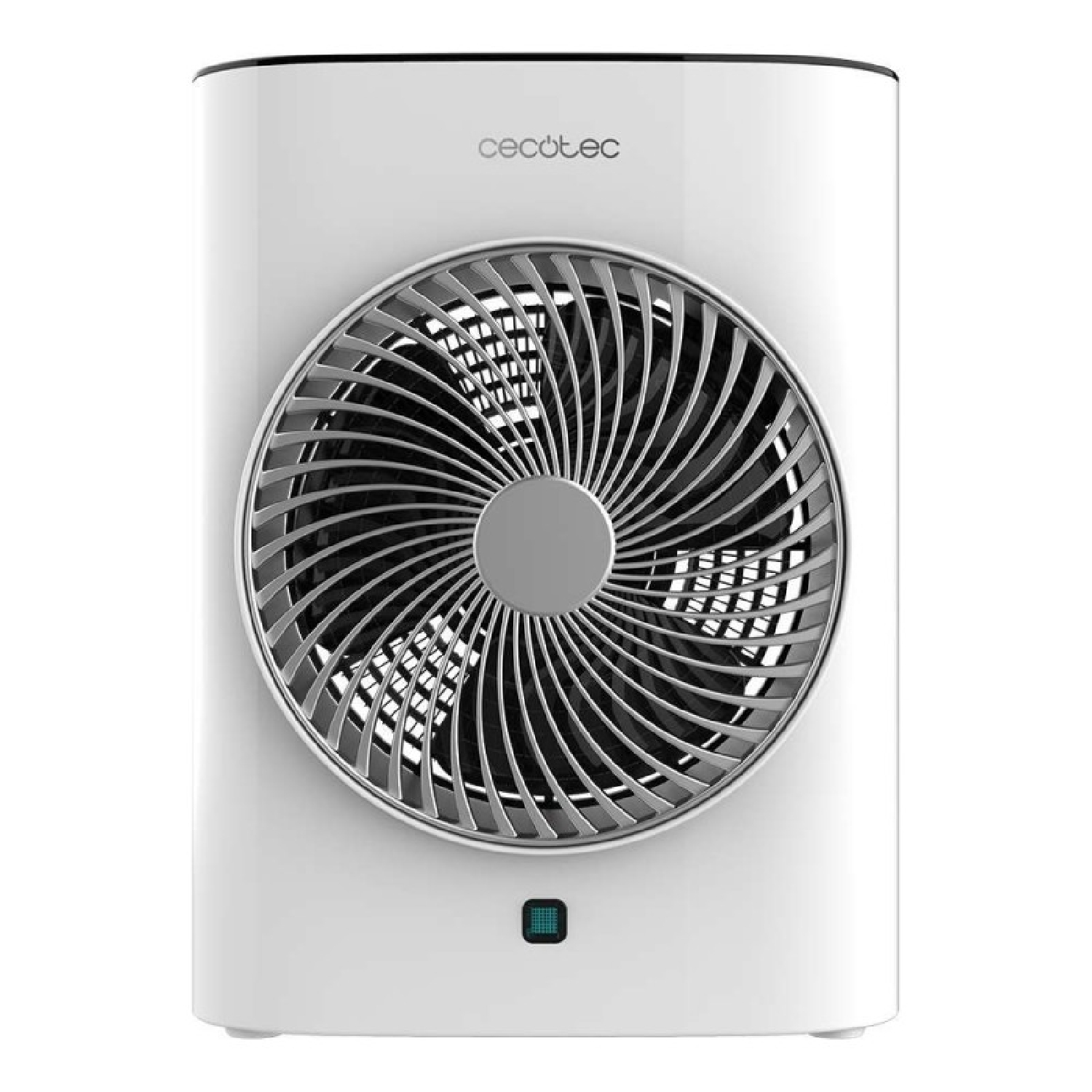 Un ventilatore bianco Cecotec con griglia argentata e una piccola luce blu frontale.