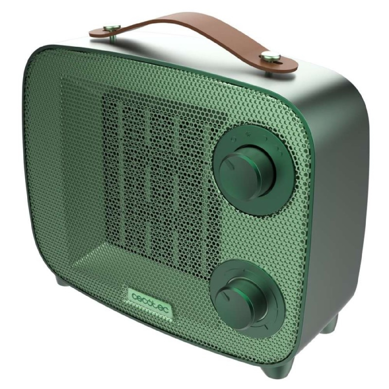 Un termoventilatore portatile verde stile retrò con manico in pelle marrone e due manopole.
