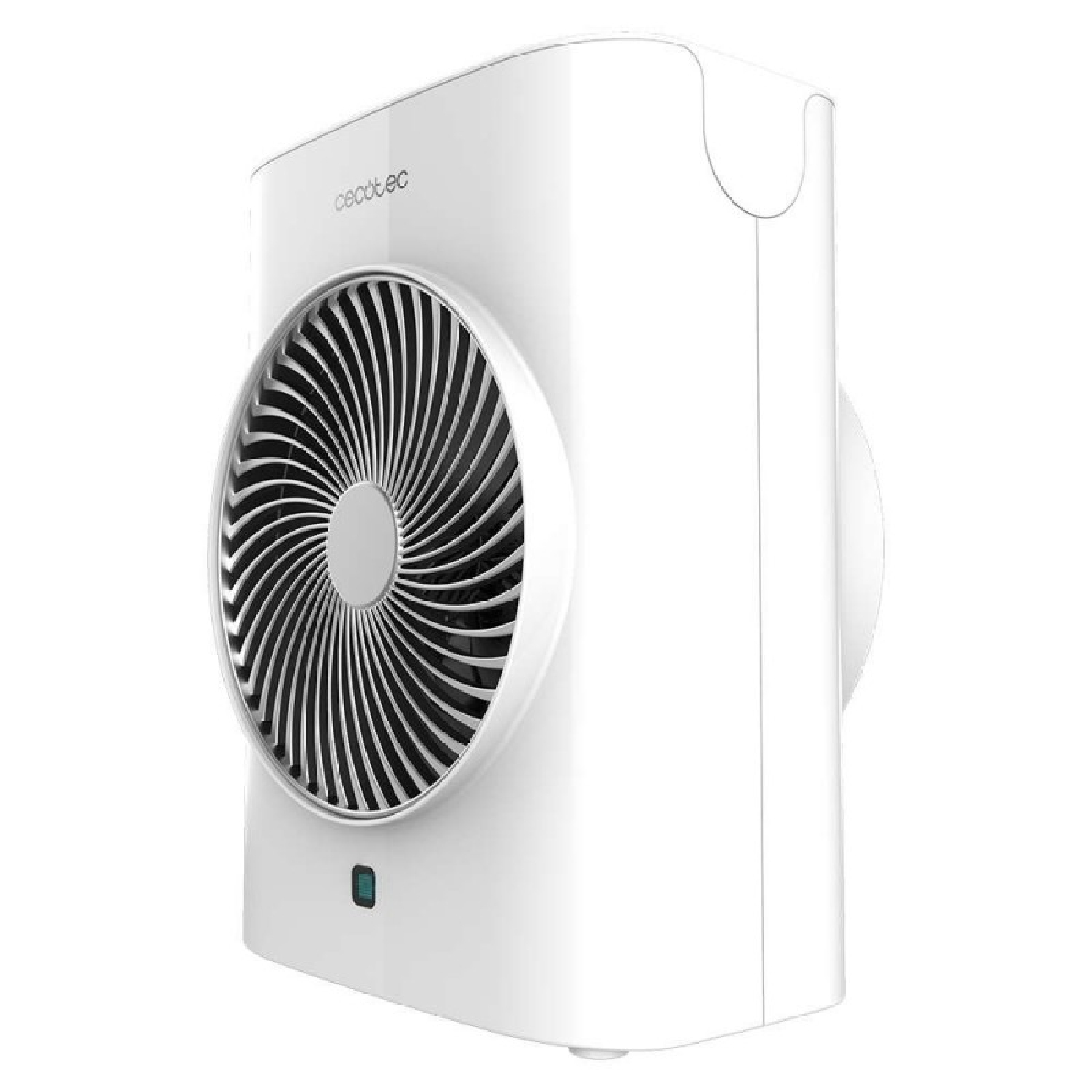Ventilatore bianco con griglia e pulsante blu.