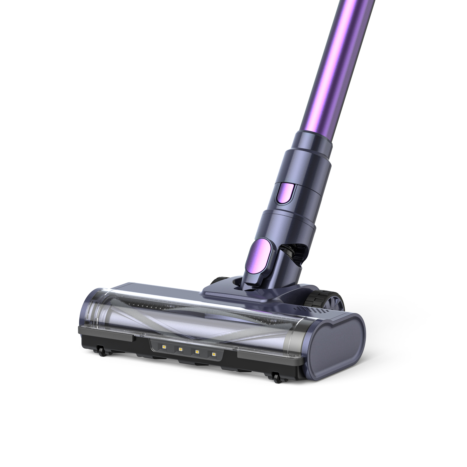 Testina aspirapolvere viola e grigia con spazzola a rullo e luci LED.