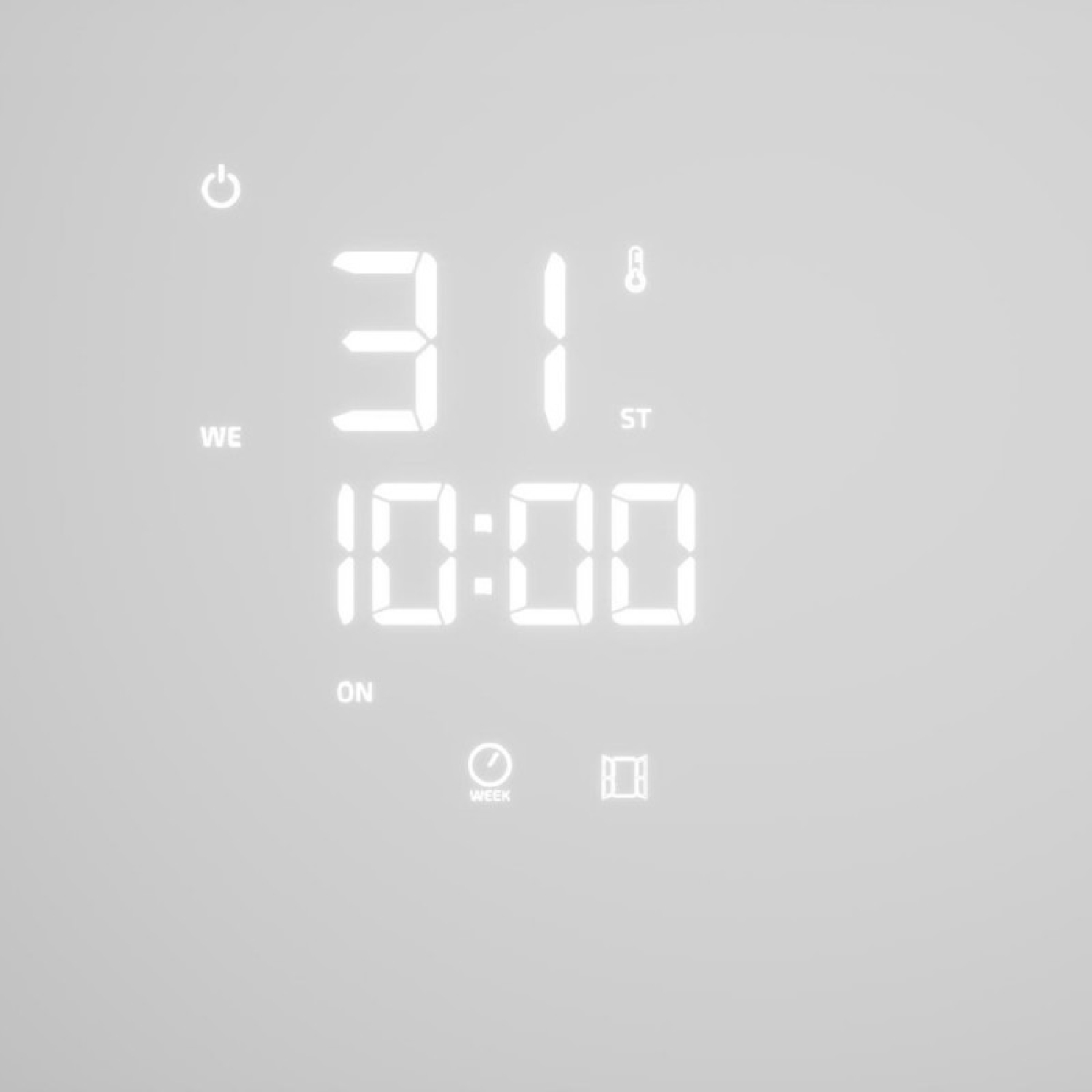 Orologio digitale che mostra 31 gradi, ore 10:00 e icone per accensione, settimana e finestra.