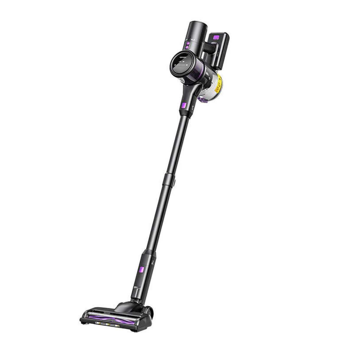 Un aspirapolvere senza fili nero con accenti viola su sfondo bianco.