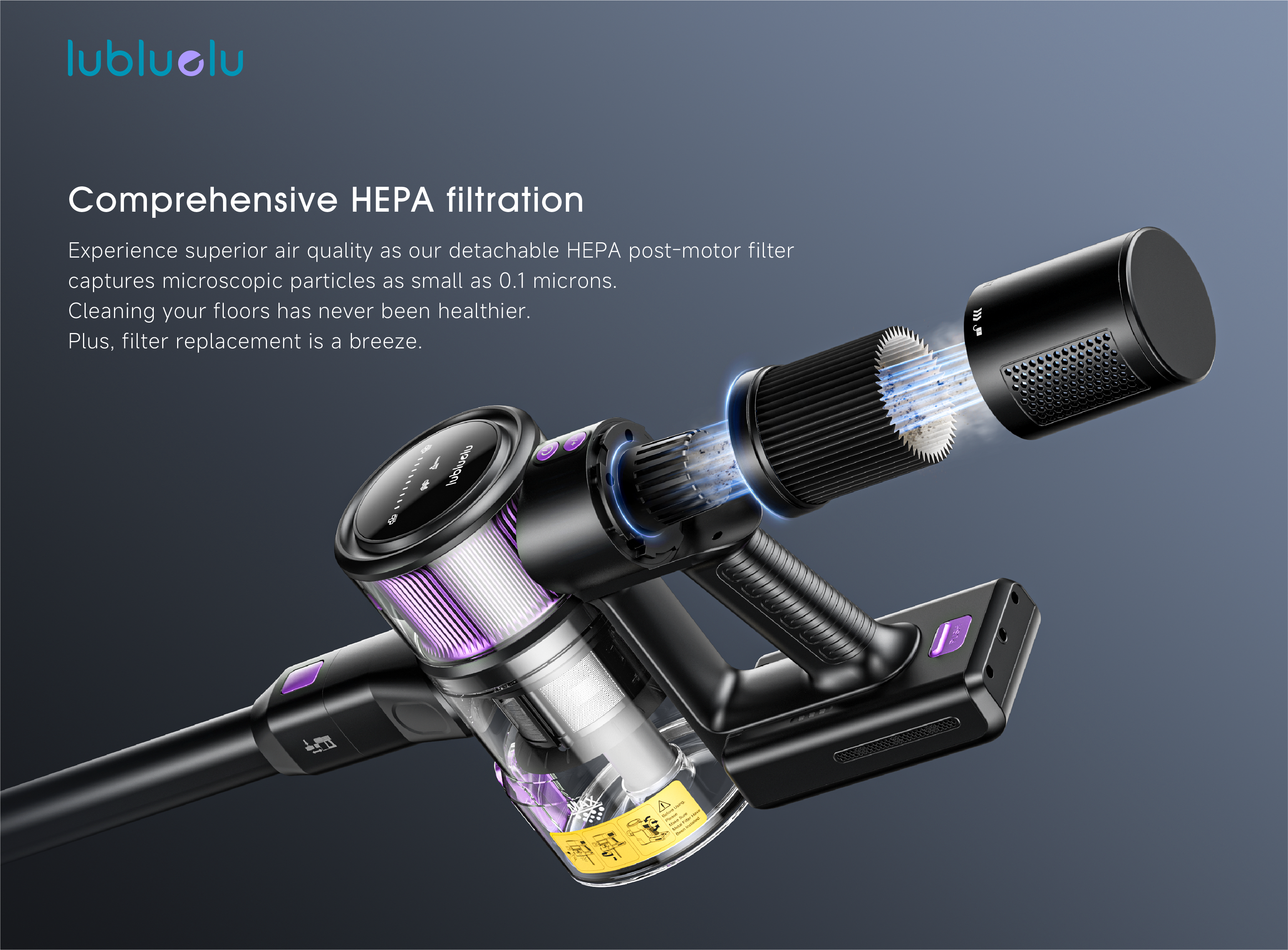 Aspirapolvere senza fili nero con accenti viola, mostra filtro HEPA.