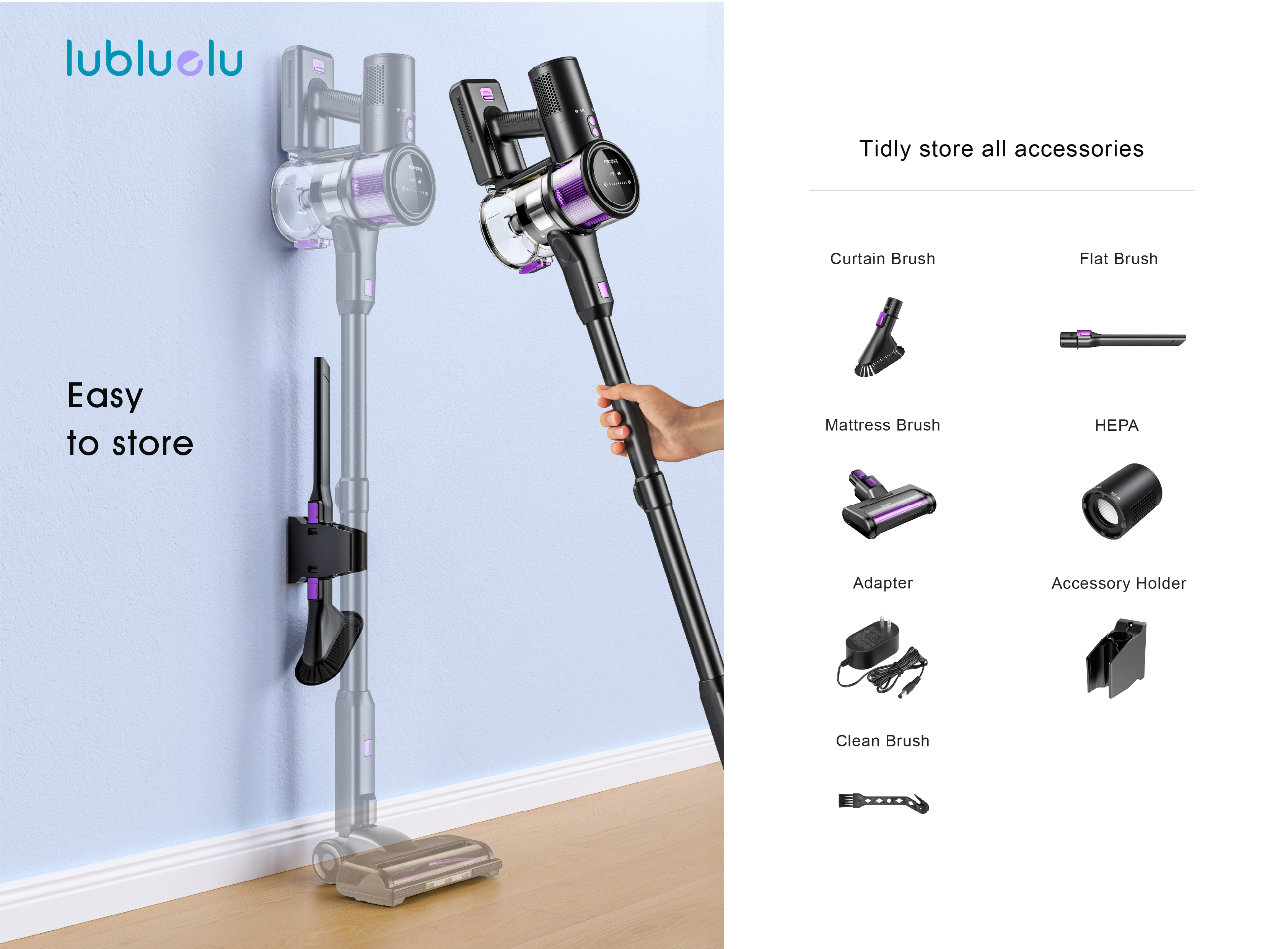 Un aspirapolvere senza fili nero e viola è montato a parete, con accessori in mostra.