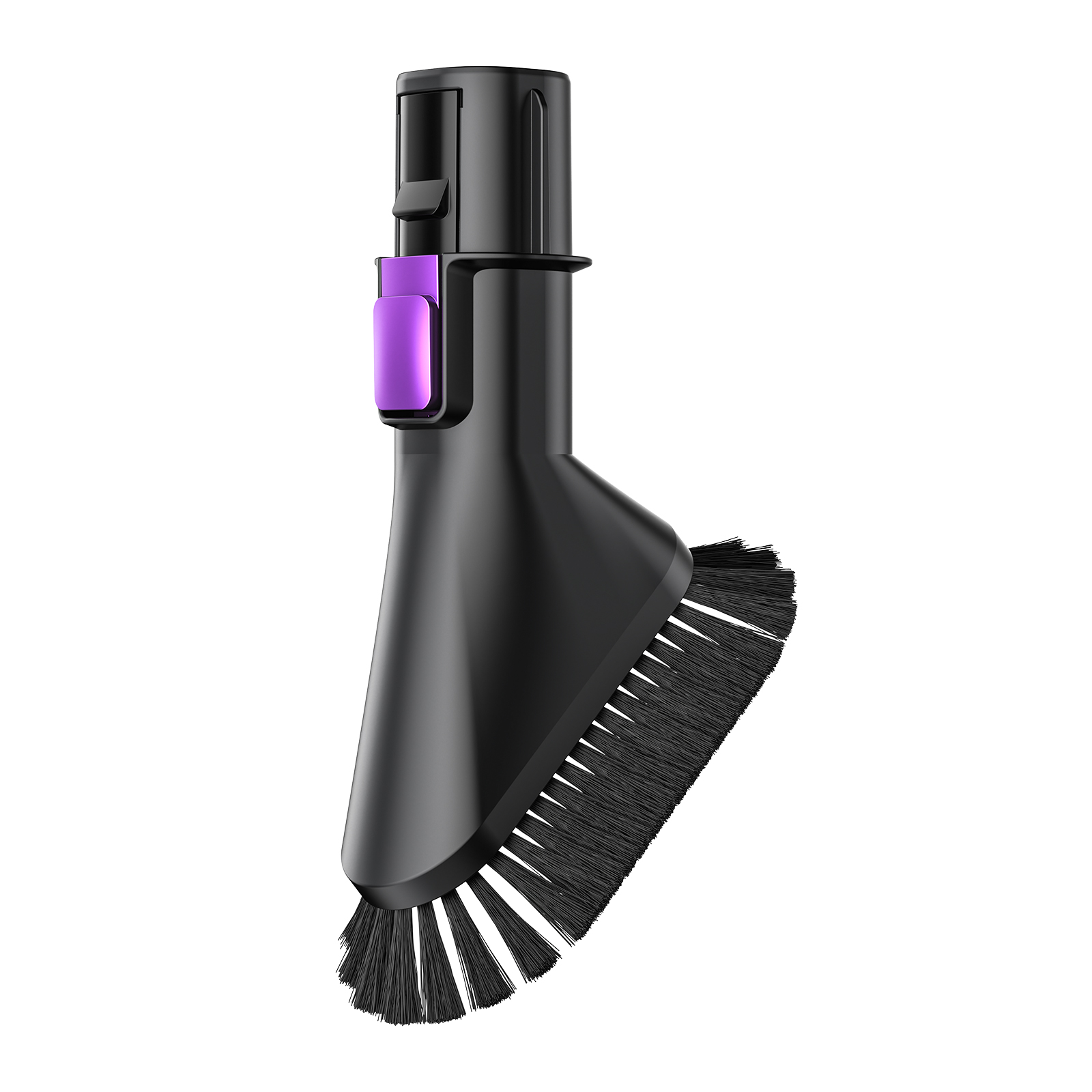 Spazzola per aspirapolvere nera con clip viola.