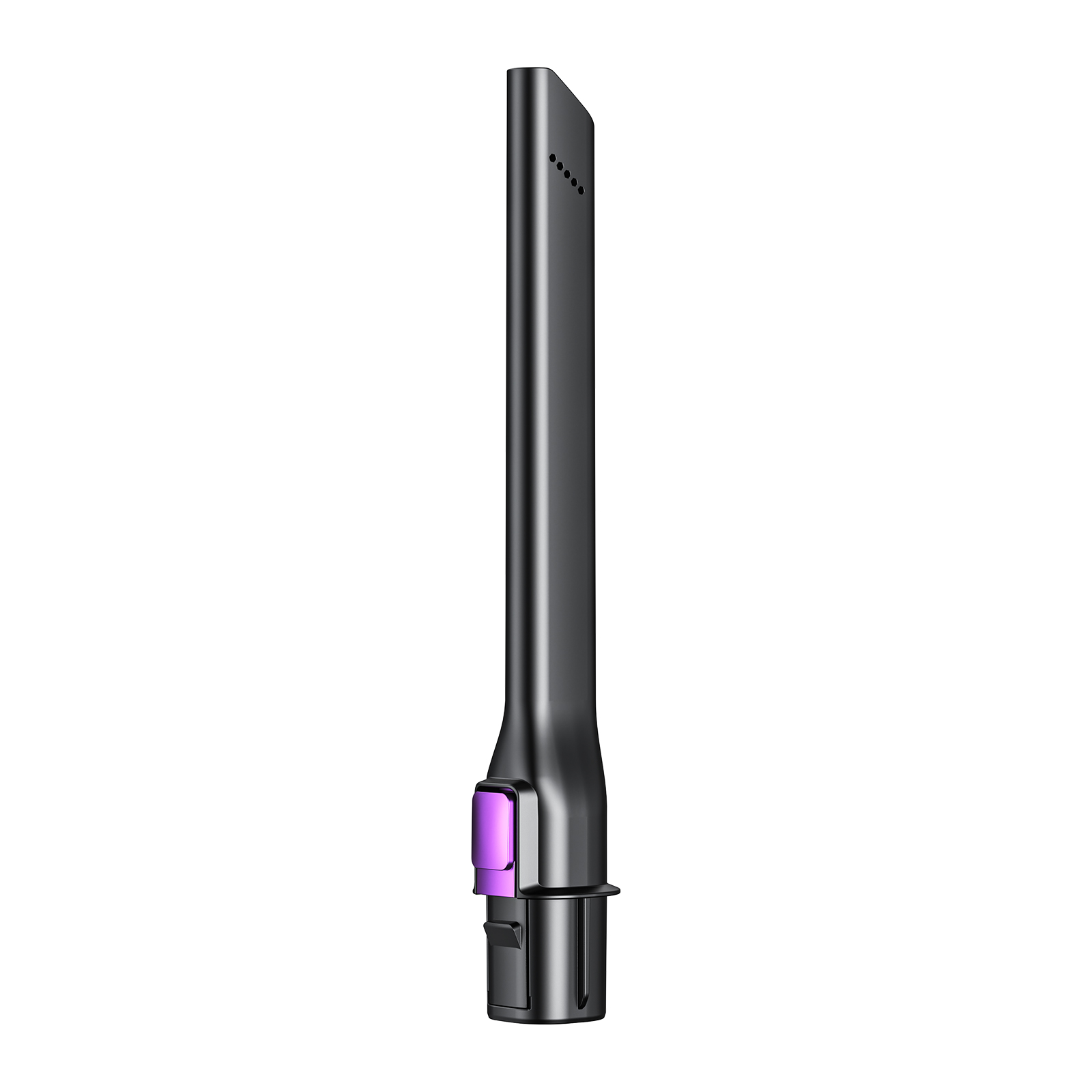 Un accessorio per aspirapolvere scuro con dettaglio viola e fori di ventilazione.
