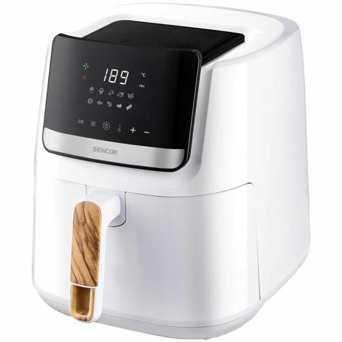 Friggitrice ad aria Sencor bianca con display digitale che mostra 189 gradi.
