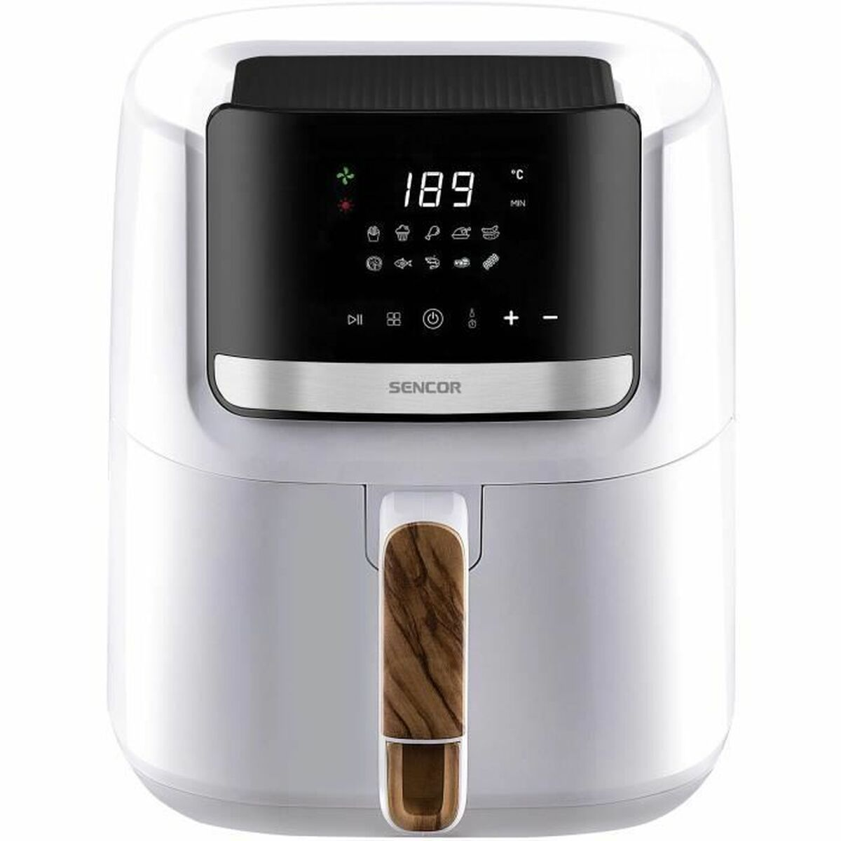 Friggitrice ad aria Sencor bianca con display digitale che mostra 189 gradi.