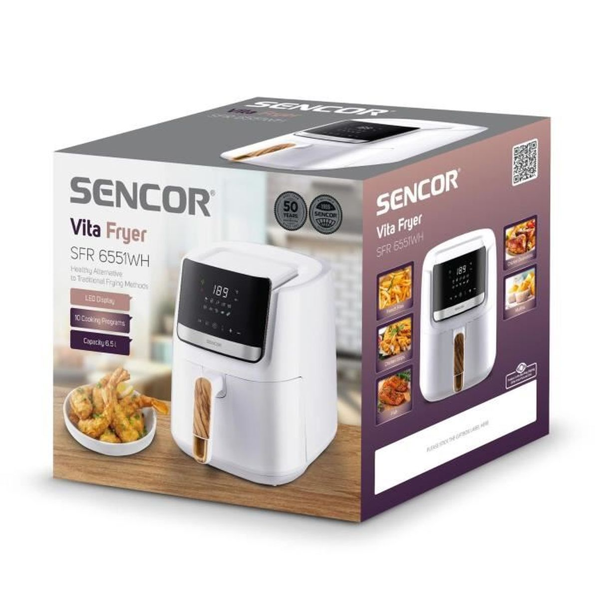 Friggitrice ad aria SENCOR bianca SFR 6551WH su confezione con gamberetti e immagini cibo.